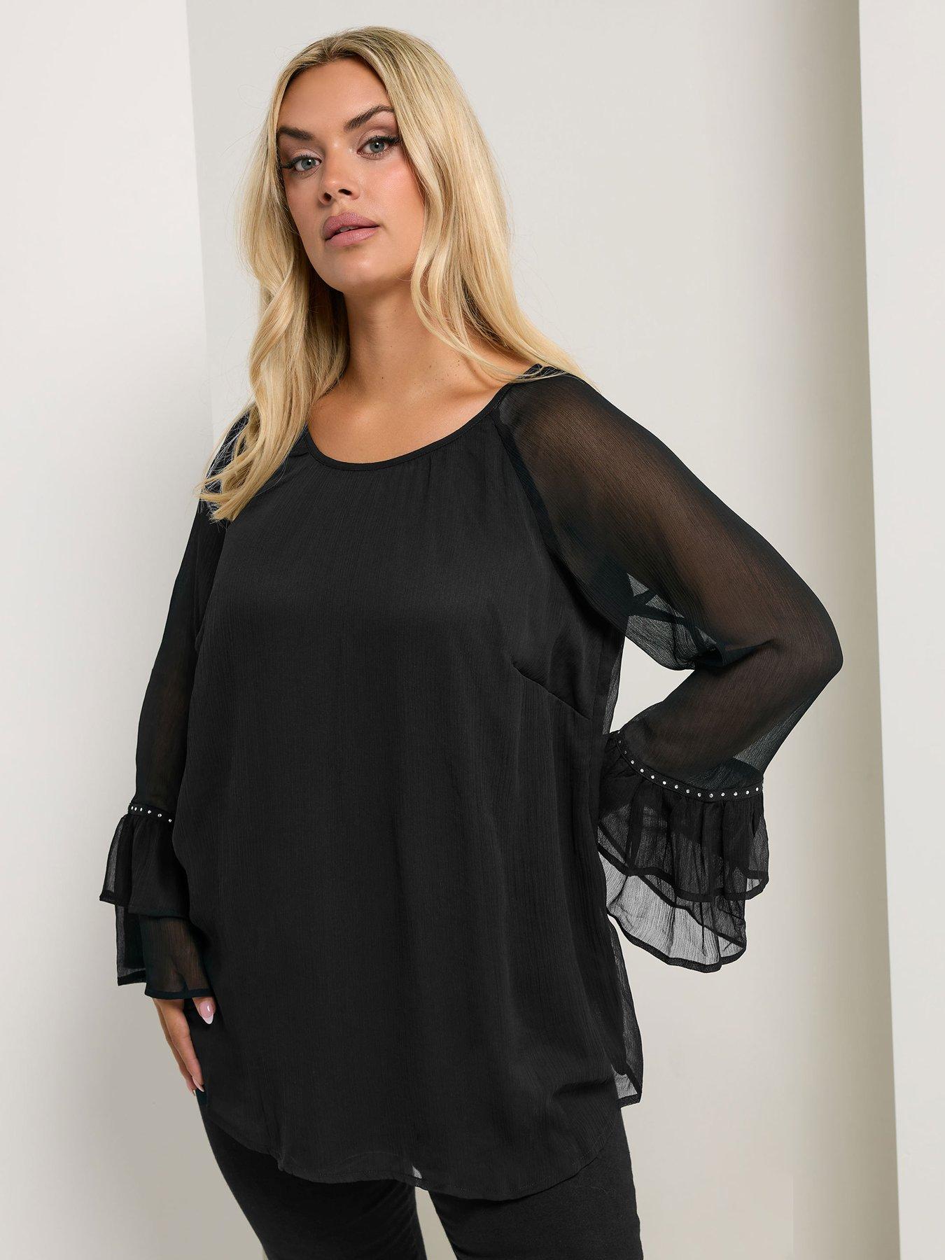 Yours Curve Ruffle Sleeve Stud Top - Black