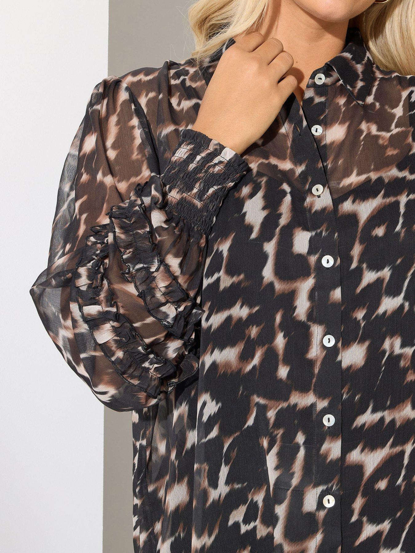 Image 4 of 4 of Yours Curve Ruffle Cuffed Sleeve Shirt - Brown