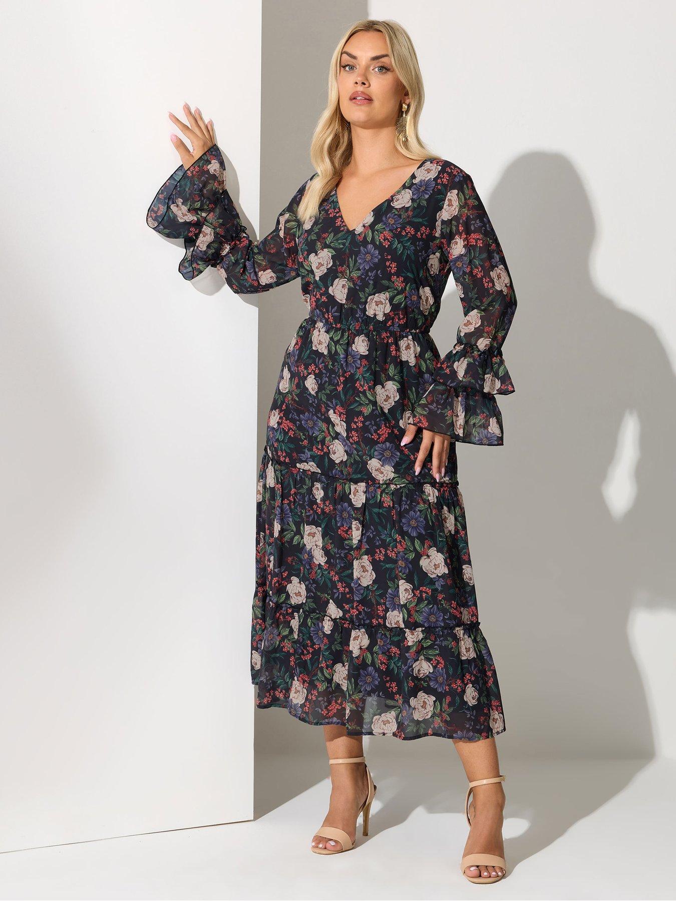 Yours Curve Floral V Neck Ruffle Tiered Dress - Black