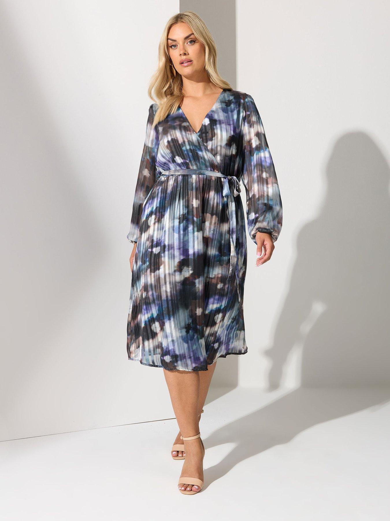 Yours Curve Satin Metallic Wrap Dress - Blue