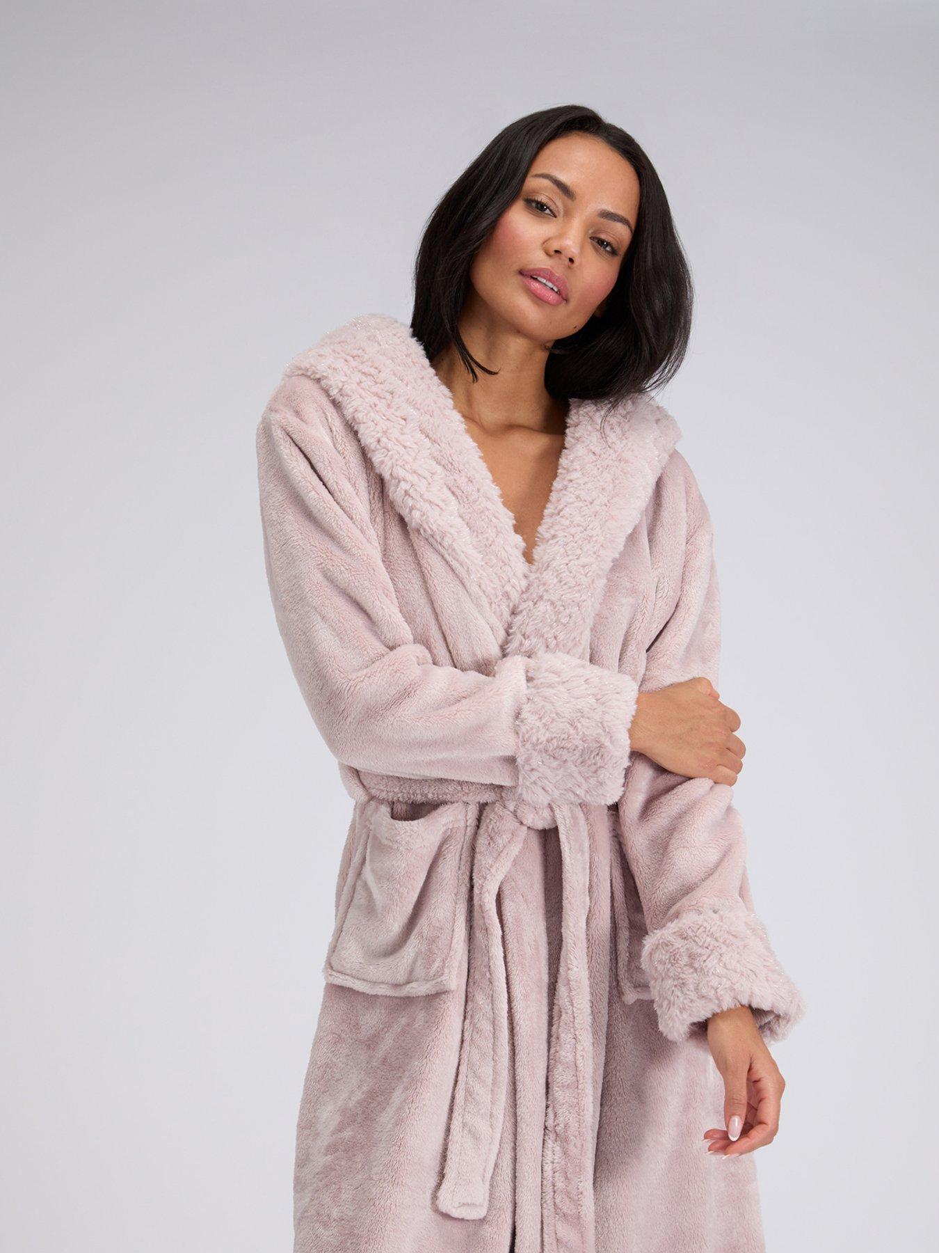 Image 1 of 6 of Boux Avenue Fur Heart Long Dressing Gown - Brown