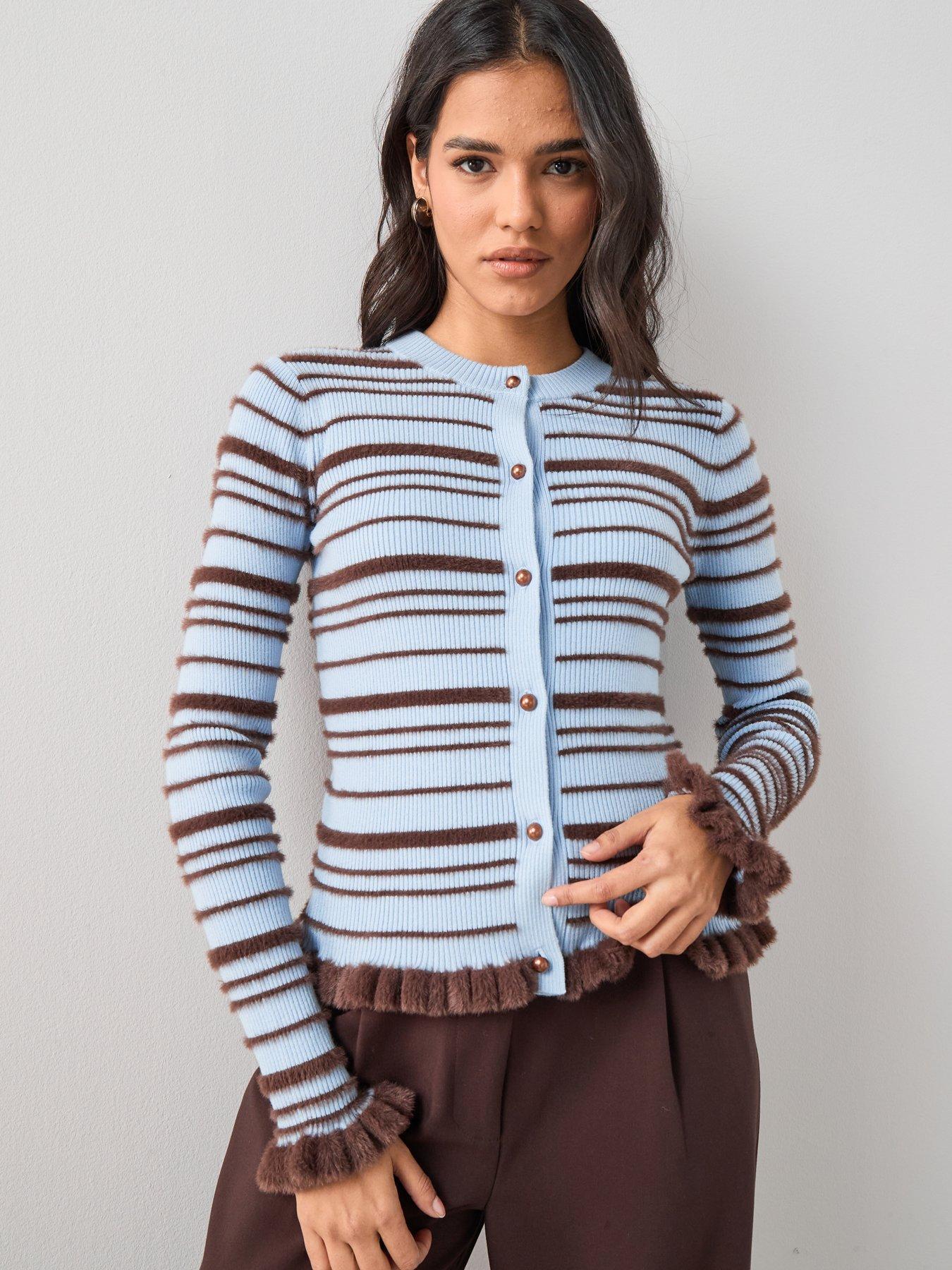 The Very Collection Crew Neck Long Sleeve Stripe Cardigan - Multi