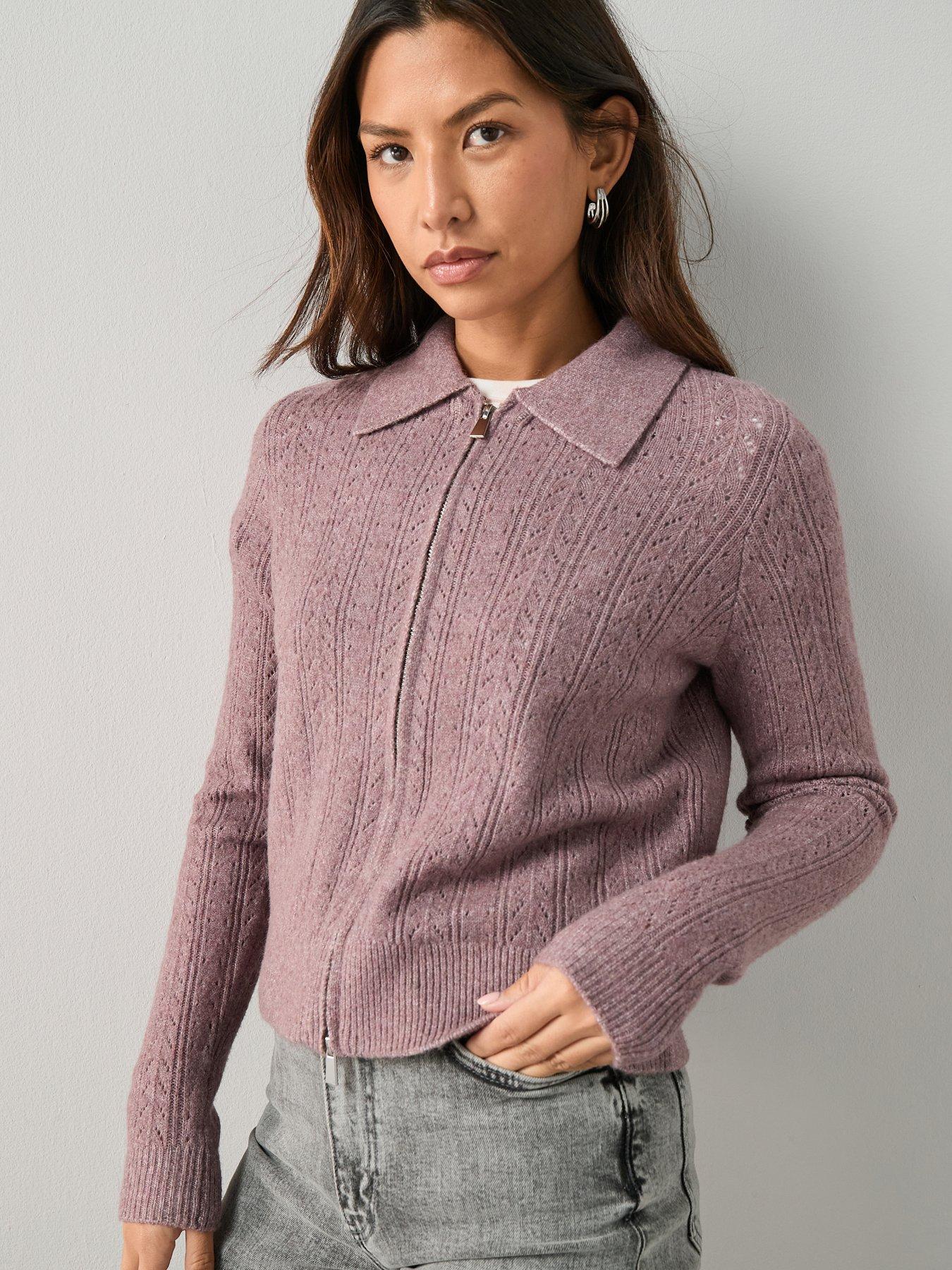 The Very Collection: Collared Pointelle Knitted Cardigan - Mauve