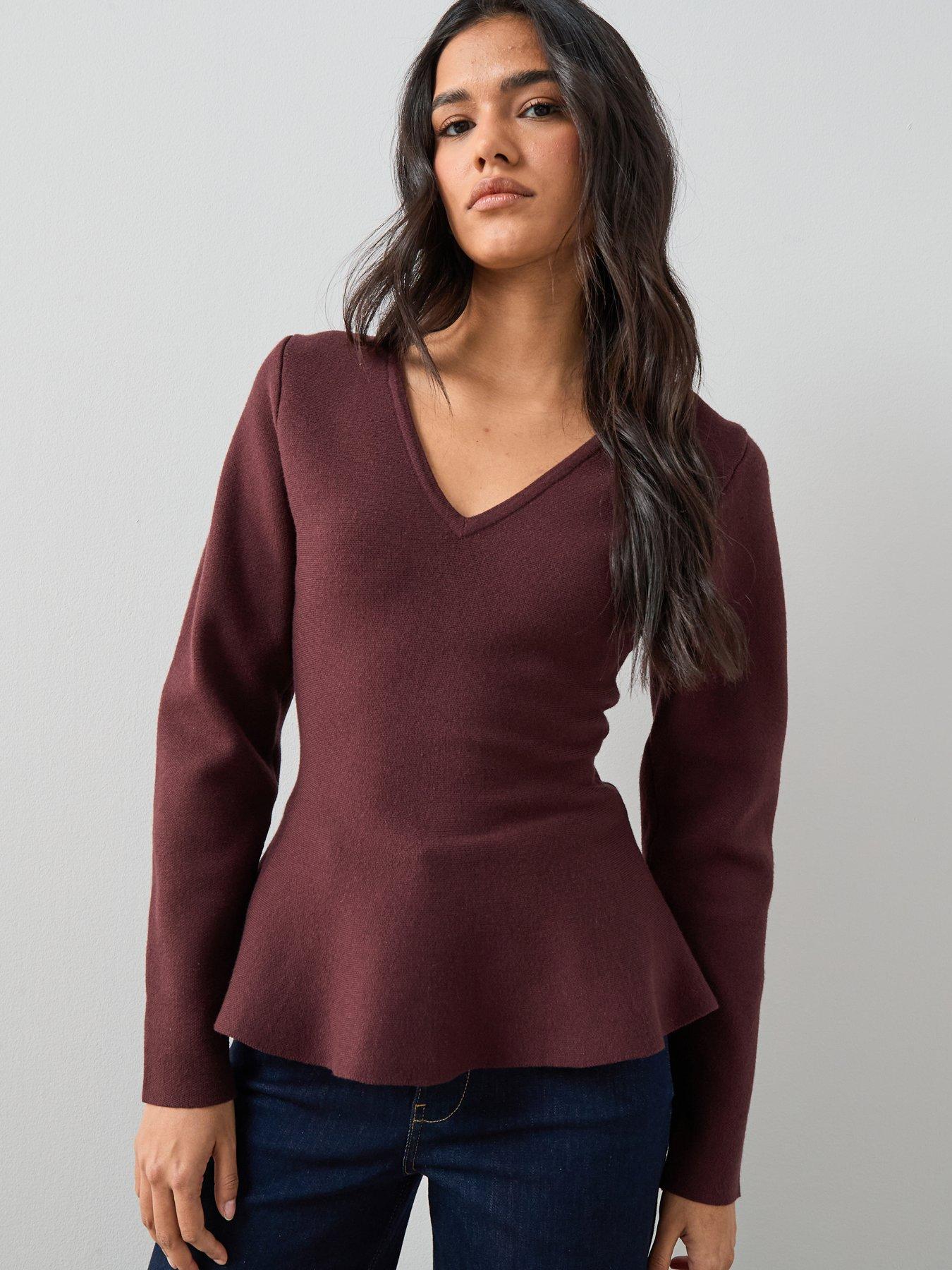 The Very Collection Compact Knit V Neck Peplum Jumper - Chocolate Brown
