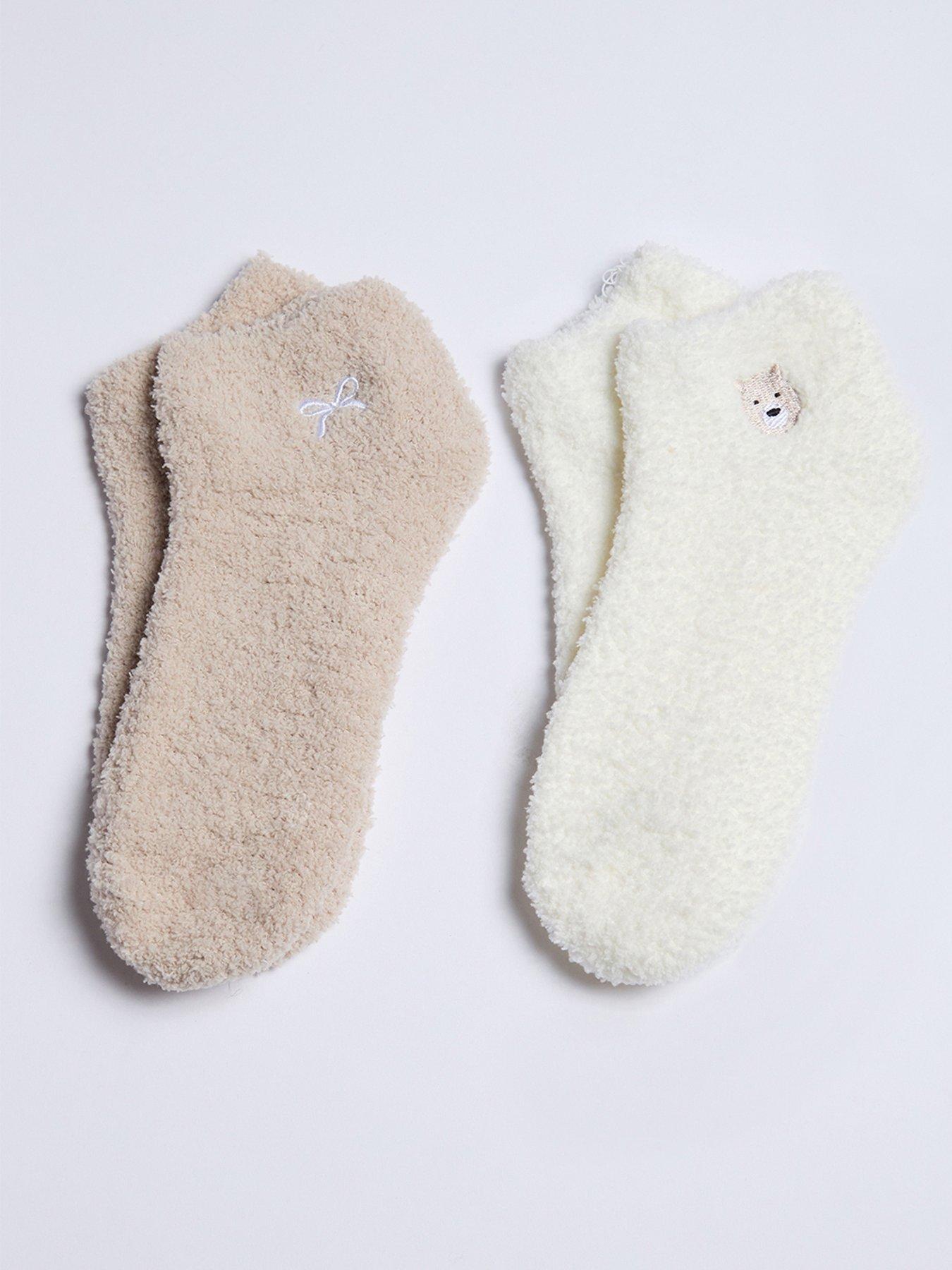 Boux Avenue Bear & Bow Pack Of 2 Cosy Trainer Socks - Neutral Mix