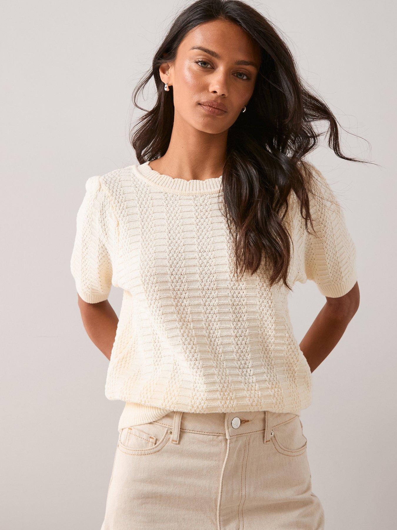 The Very Collection Cotton Rich Stitch Detail Short Sleeve Jumper - Cream