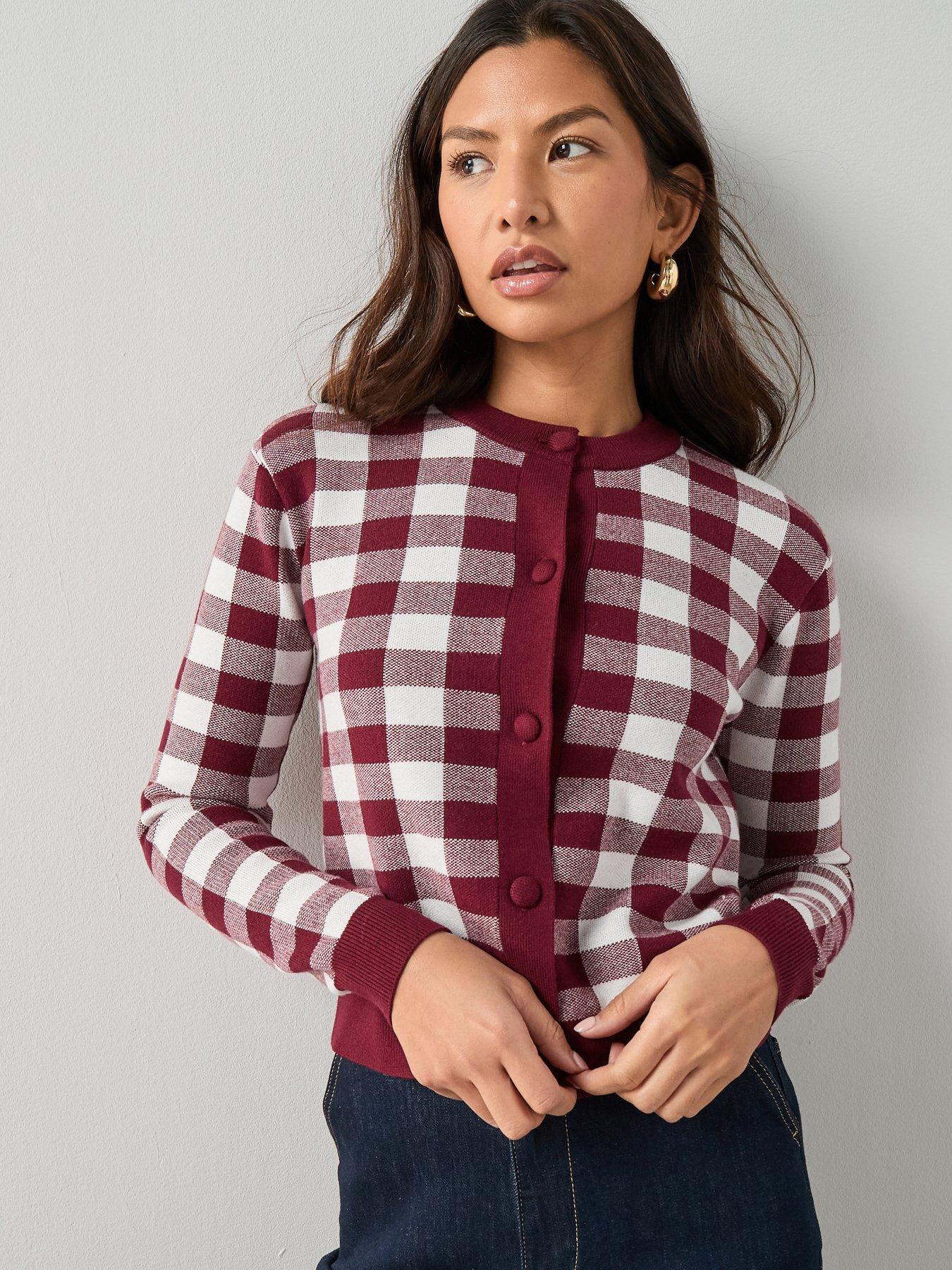 Image 1 of 7 of The Very Collection Crew Neck Gingham Cardigan - Burgundy Red