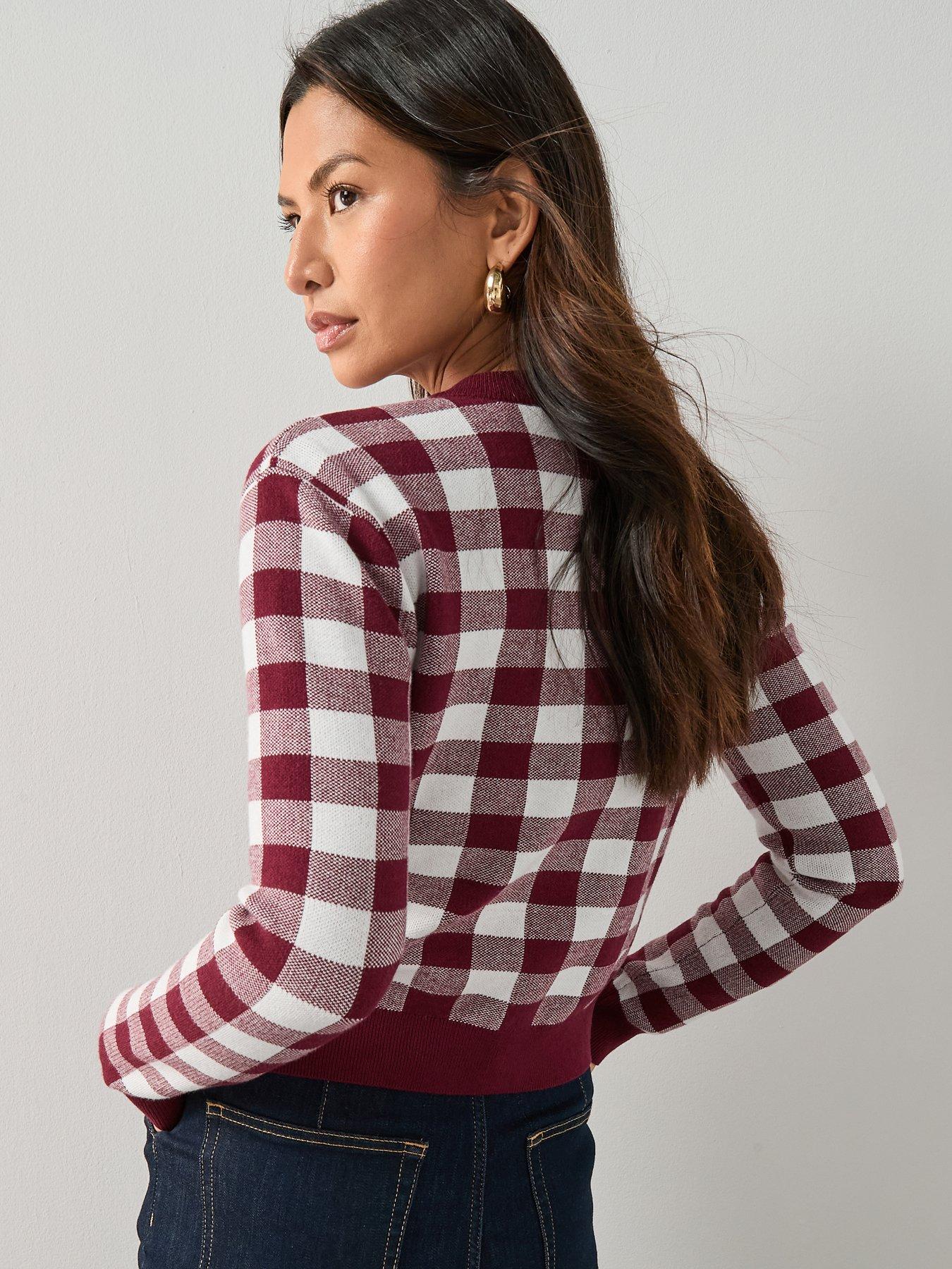 Image 2 of 7 of The Very Collection Crew Neck Gingham Cardigan - Burgundy Red