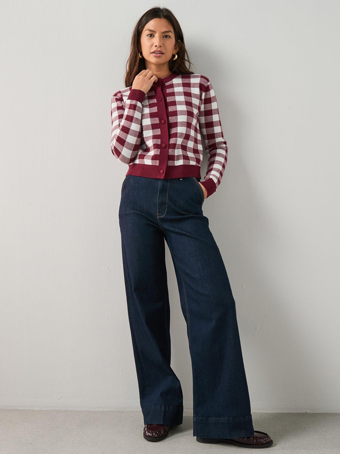 Image 3 of 7 of The Very Collection Crew Neck Gingham Cardigan - Burgundy Red