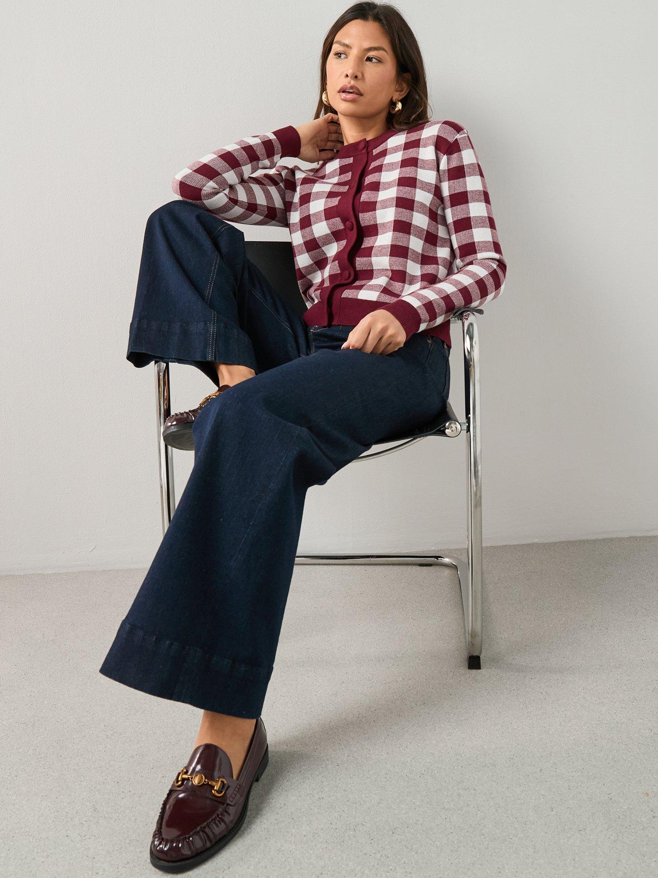 Image 4 of 7 of The Very Collection Crew Neck Gingham Cardigan - Burgundy Red