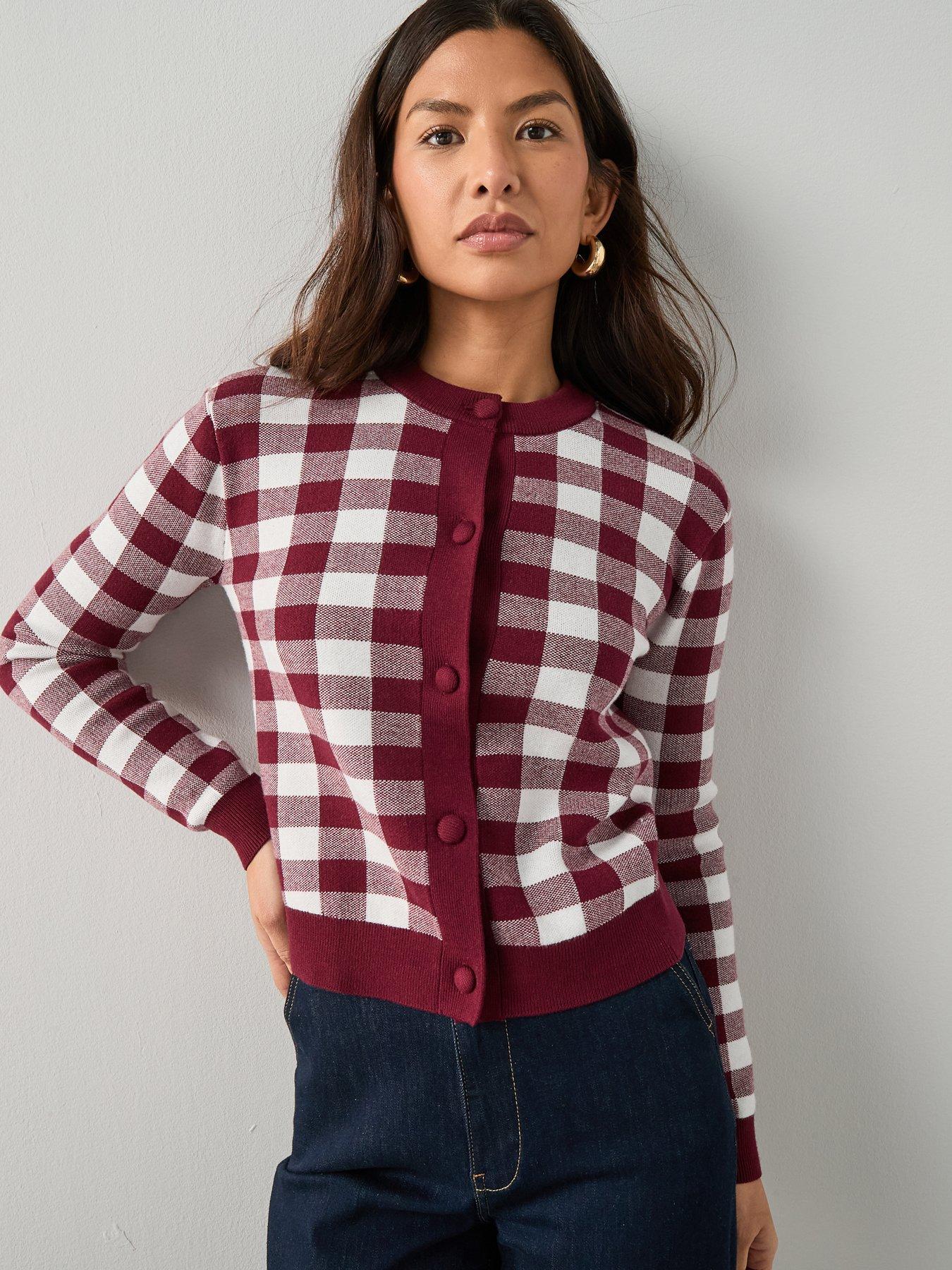 Image 5 of 7 of The Very Collection Crew Neck Gingham Cardigan - Burgundy Red