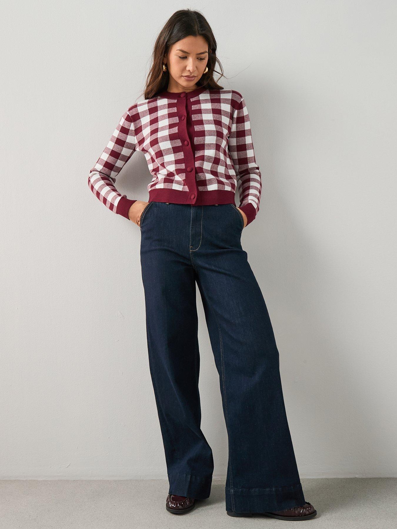 Image 6 of 7 of The Very Collection Crew Neck Gingham Cardigan - Burgundy Red