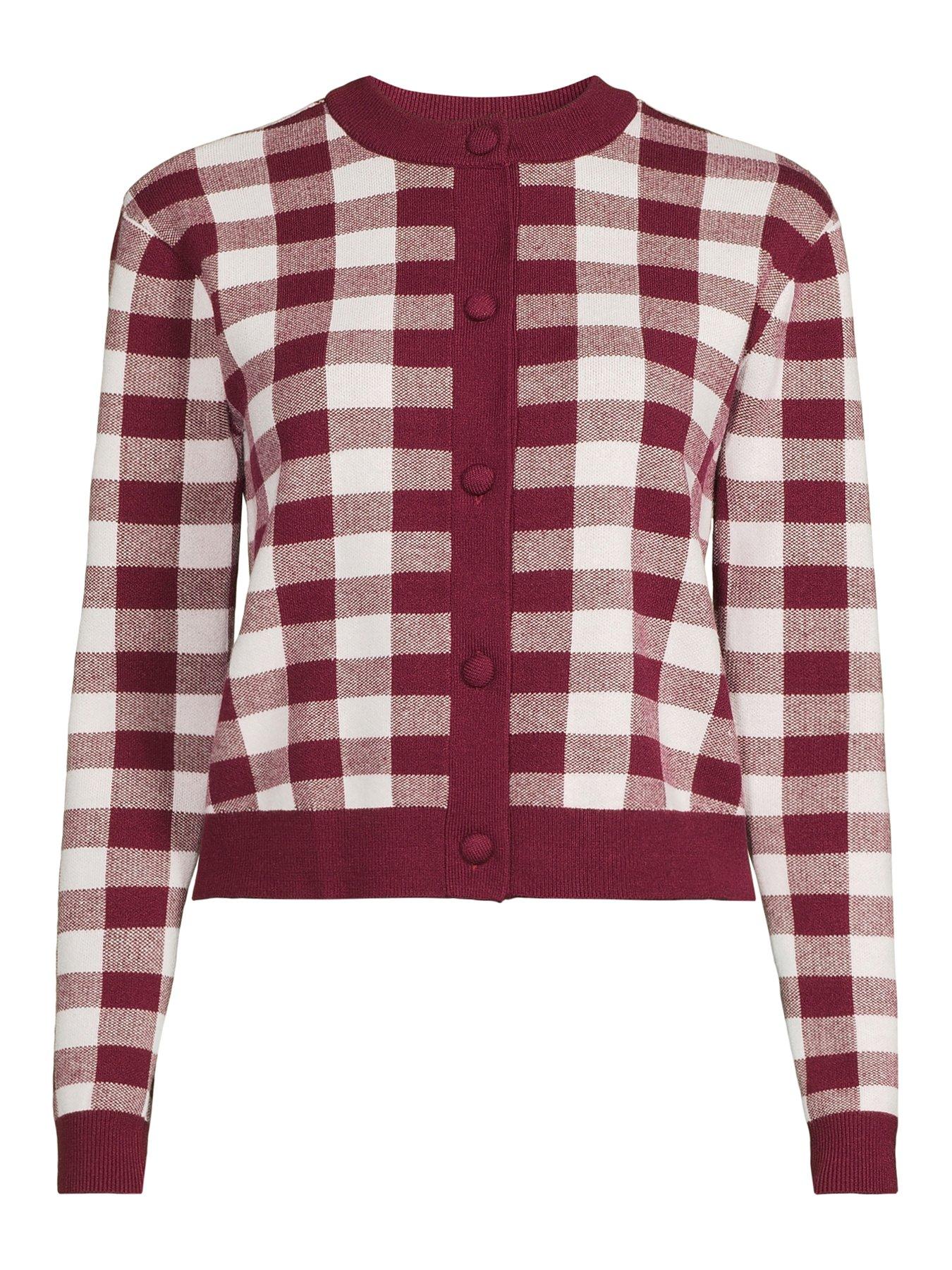 Image 7 of 7 of The Very Collection Crew Neck Gingham Cardigan - Burgundy Red