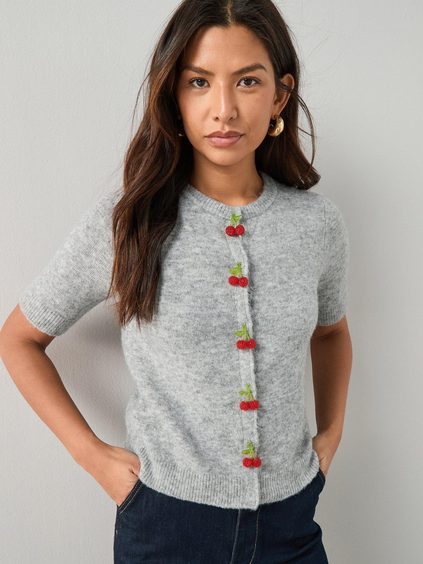 The Very Collection Short Sleeve Cherry Button Cardigan With Wool - Grey