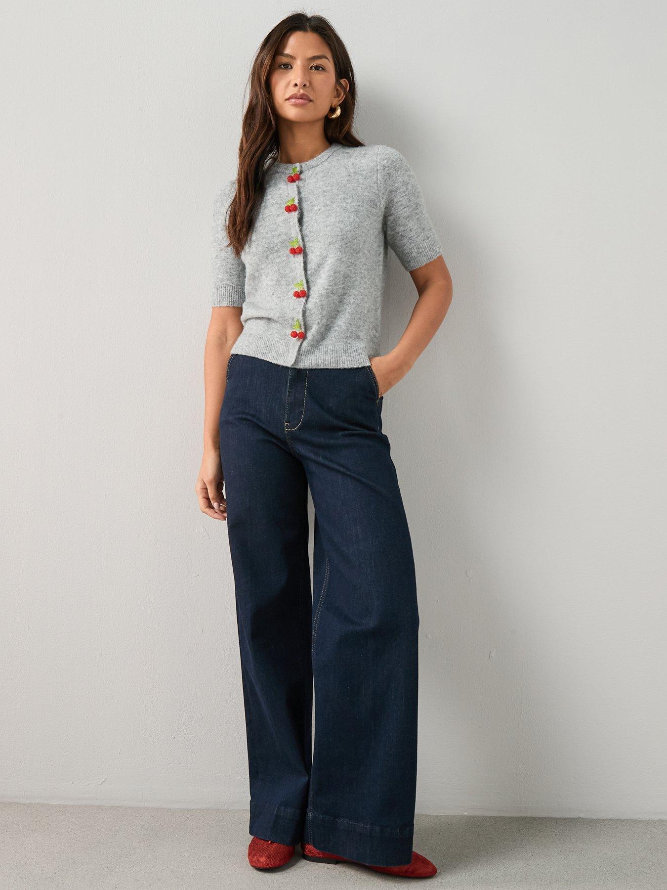 Image 3 of 6 of The Very Collection Short Sleeve Cherry Button Cardigan With Wool - Grey