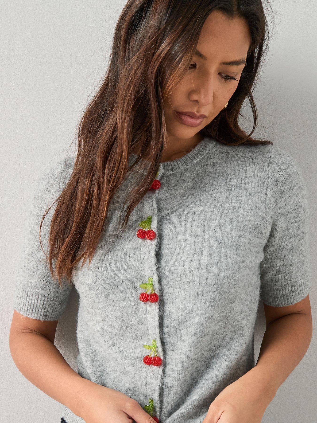 Image 4 of 6 of The Very Collection Short Sleeve Cherry Button Cardigan With Wool - Grey