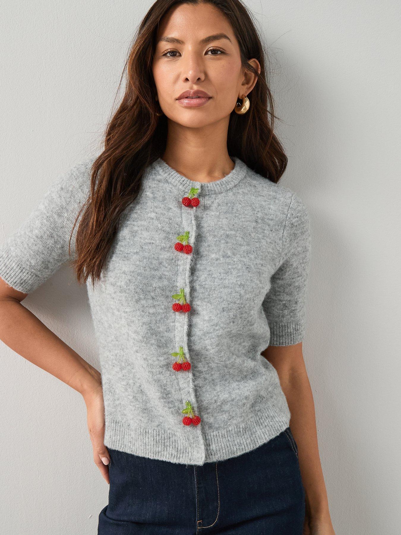 Image 5 of 6 of The Very Collection Short Sleeve Cherry Button Cardigan With Wool - Grey