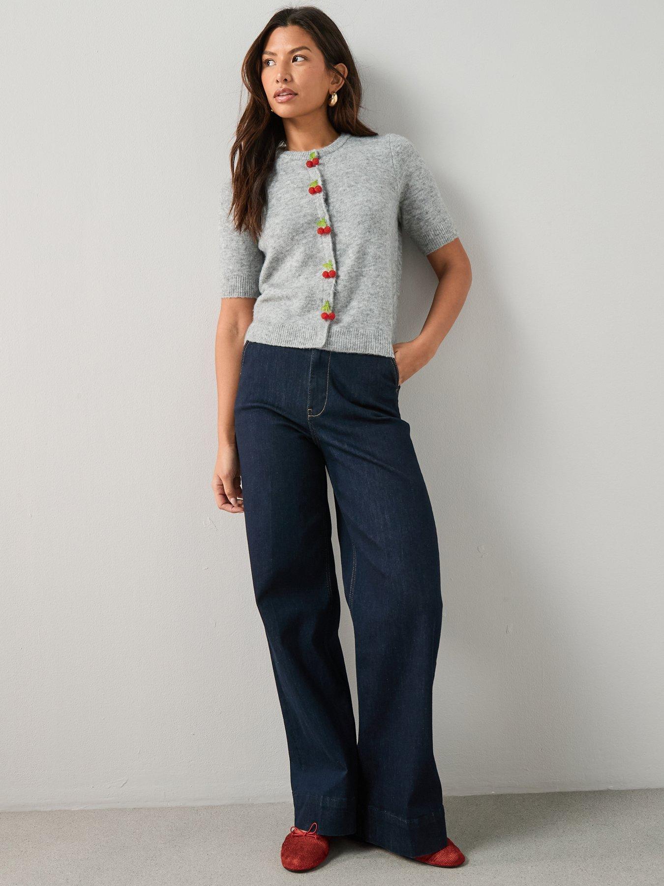 Image 6 of 6 of The Very Collection Short Sleeve Cherry Button Cardigan With Wool - Grey
