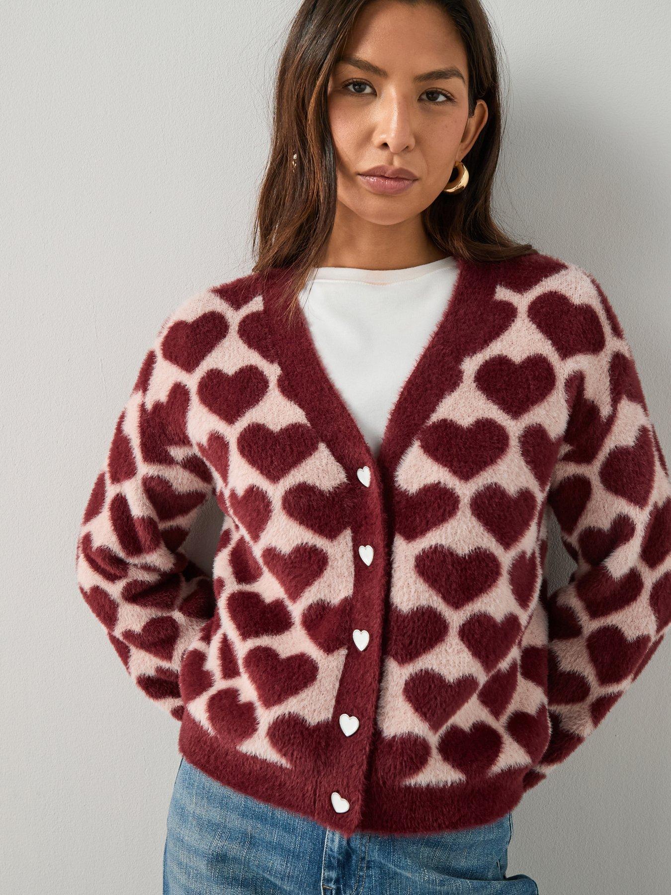 The Very Collection V Neck Heart Jacquard Fluffy Cardigan - Pink/Red