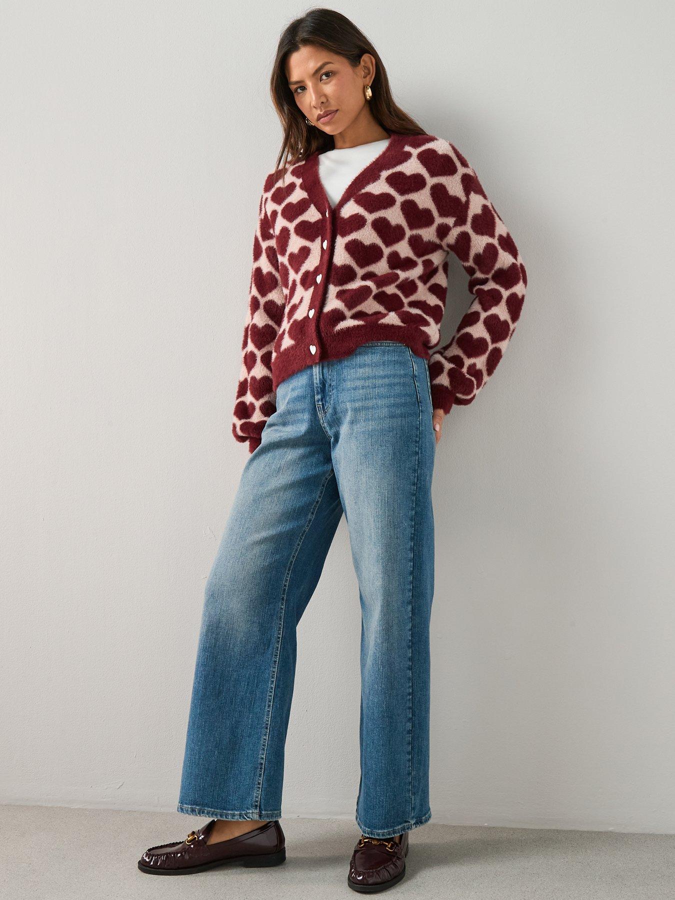 The Very Collection V Neck Heart Jacquard Fluffy Cardigan - Pink