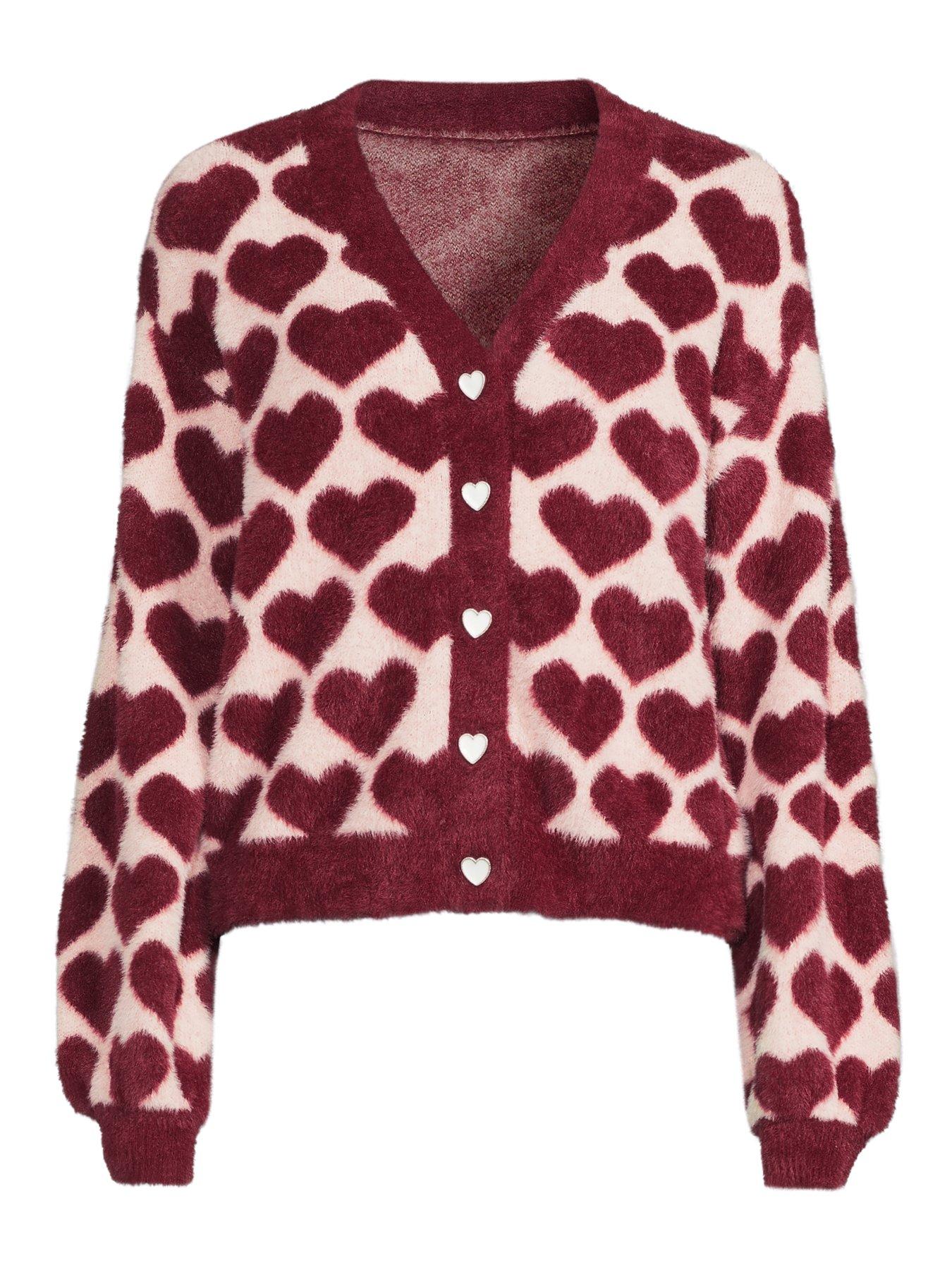 The Very Collection V Neck Heart Jacquard Fluffy Cardigan - Pink