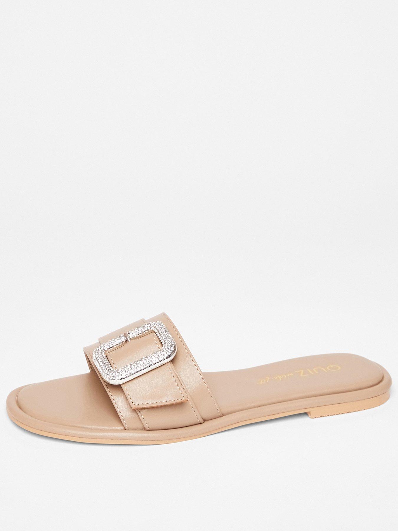 undefined Wide Fit Nude Diamante Buckle Flat Sandals