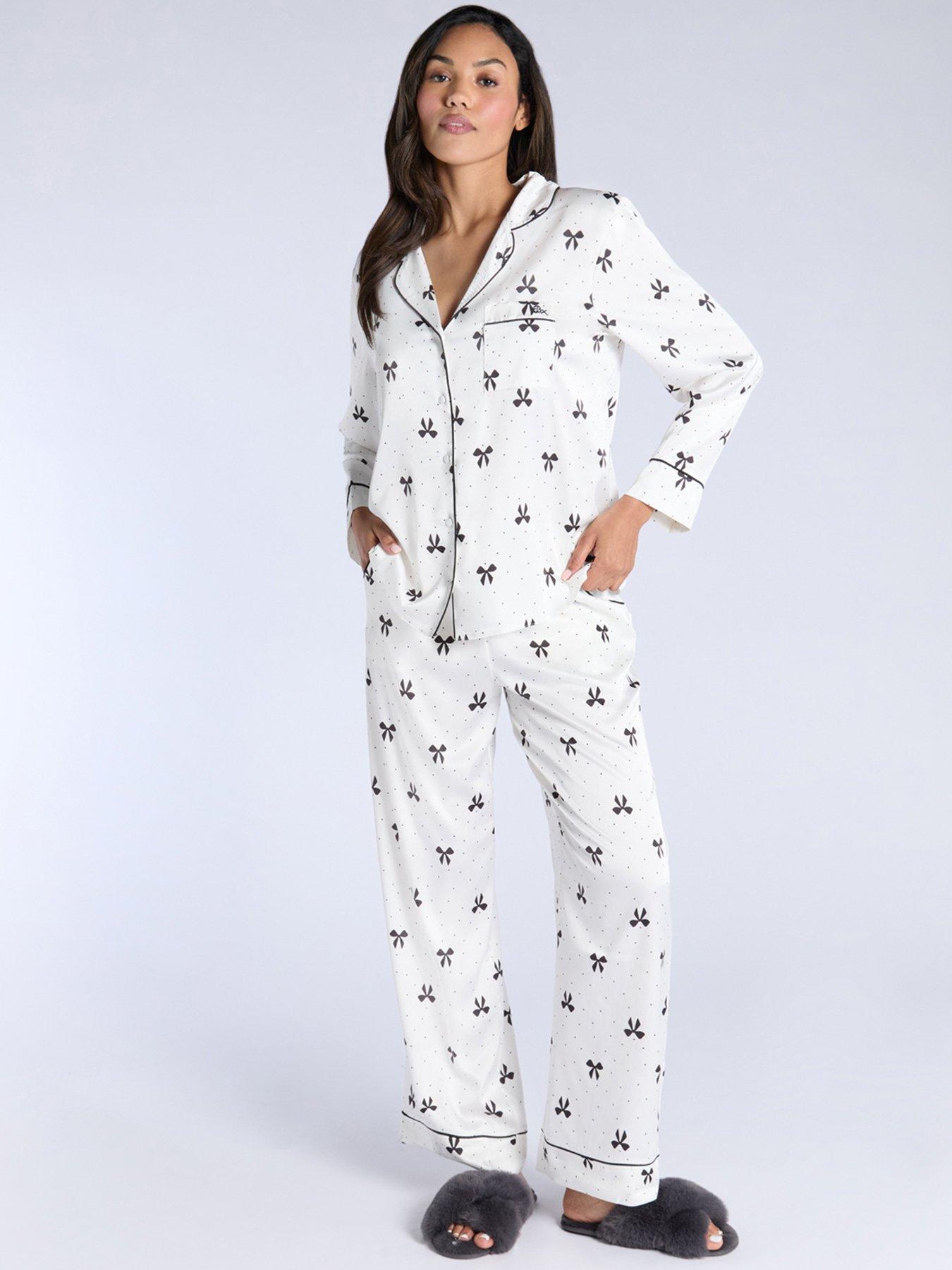 undefined Luxe Satin Bow Print Long Sleeve Revere Pj Set - Oyster