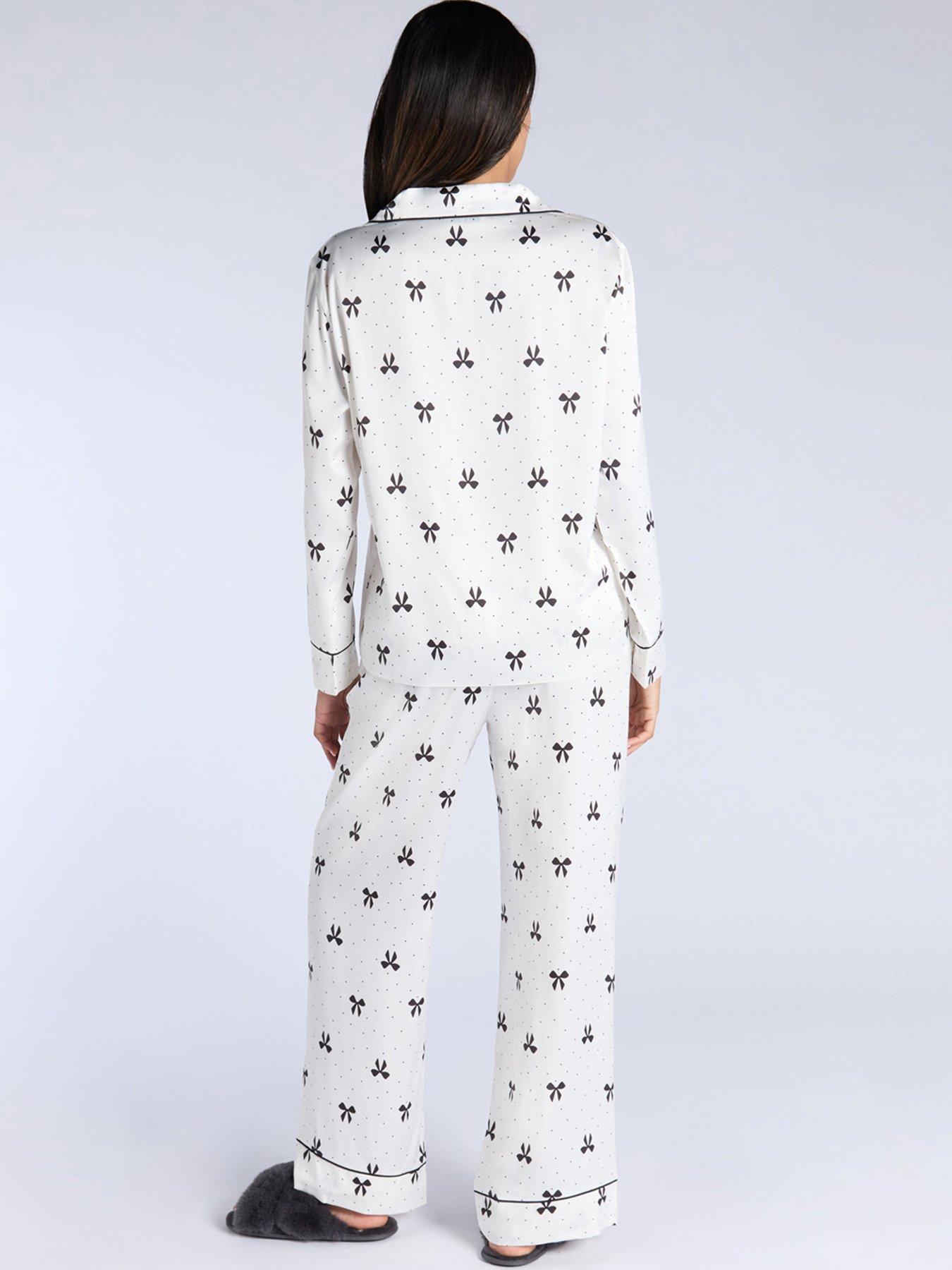 Image 2 of 5 of Boux Avenue Luxe Satin Bow Print Long Sleeve Revere Pj Set - Oyster