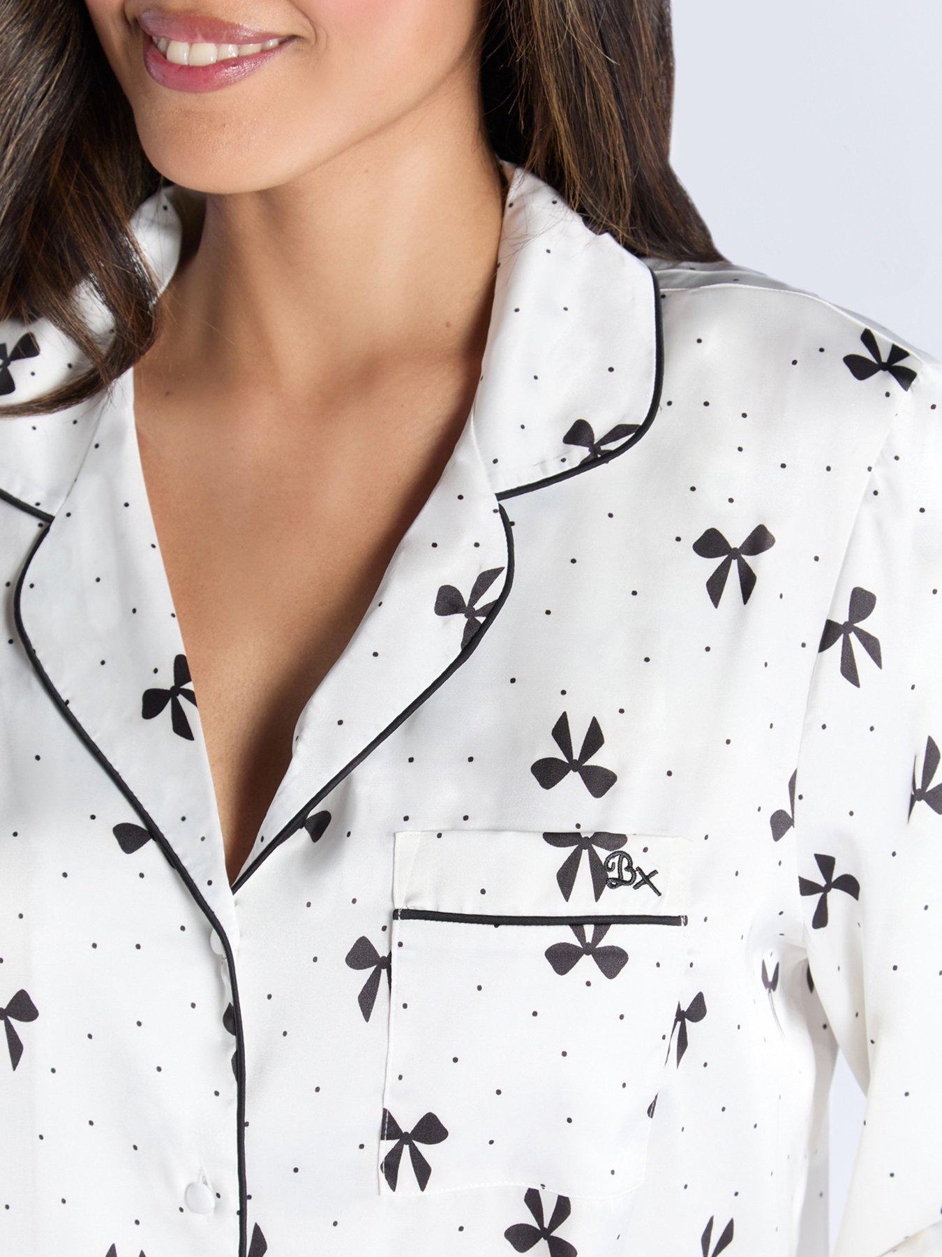 Image 5 of 5 of Boux Avenue Luxe Satin Bow Print Long Sleeve Revere Pj Set - Oyster