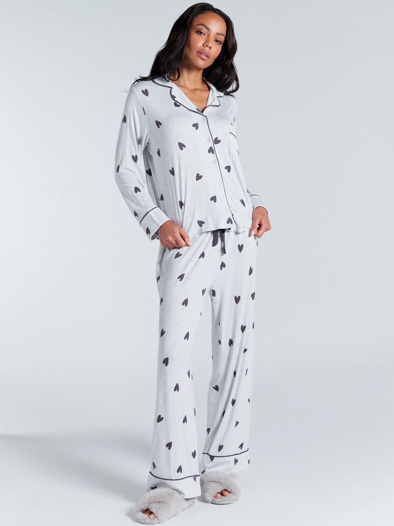undefined Grey Heart Long Sleeve Revere & Pant Set - Grey Marl Mix