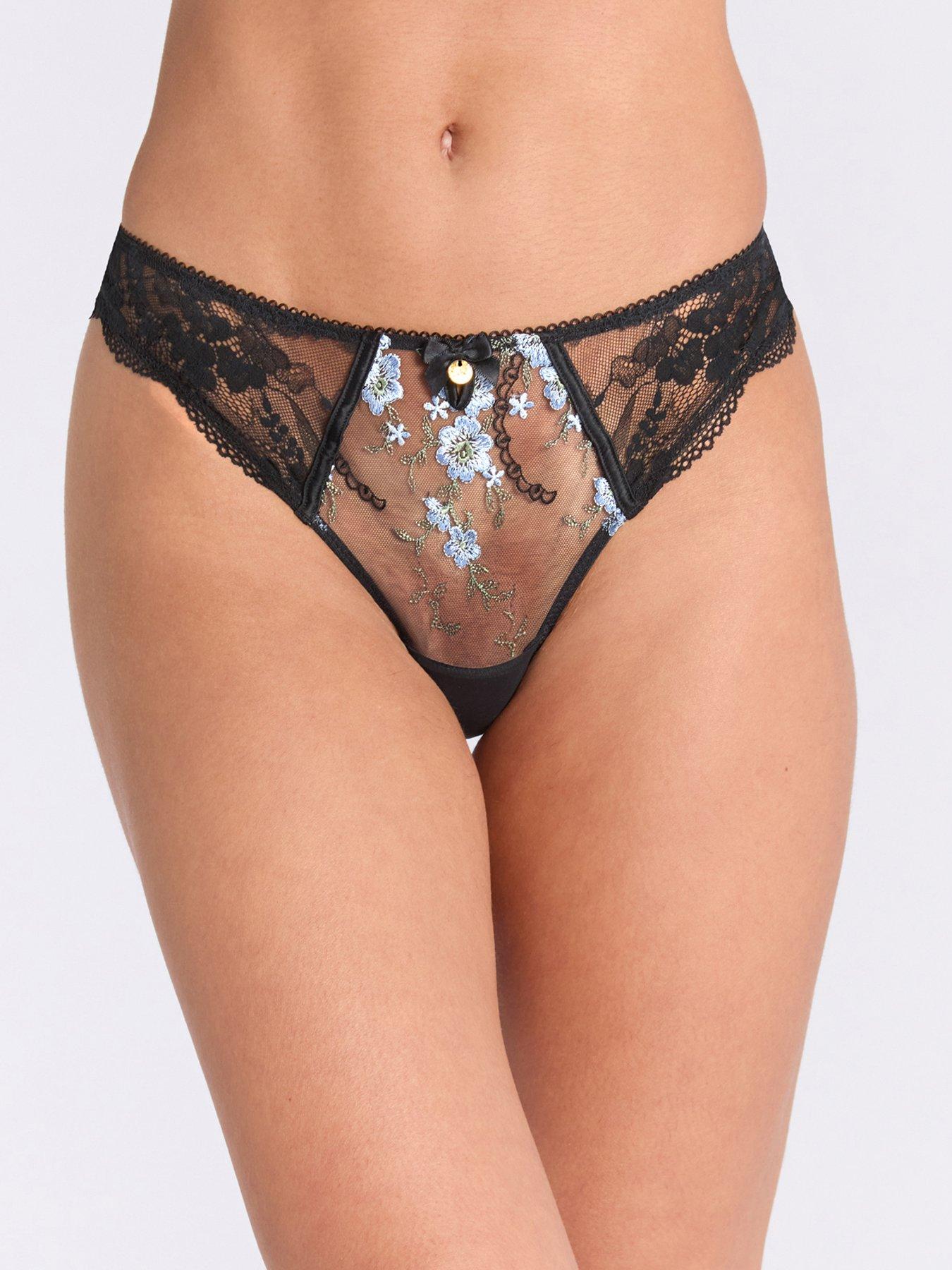 undefined Paisley Floral Embroidered Thong - Black & Blue