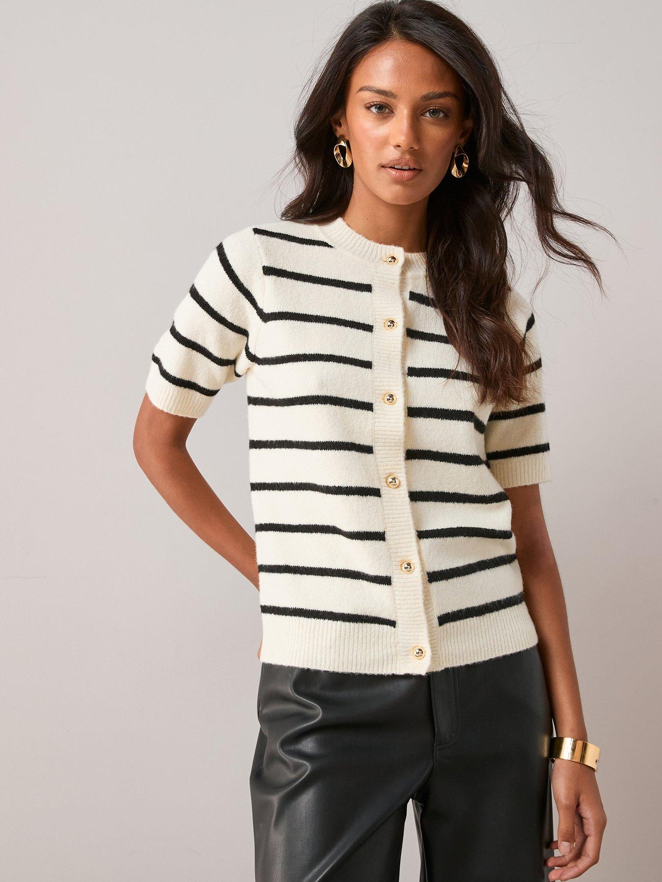 The Very Collection Short Sleeve Crew Neck Stripe Cardigan - Multi