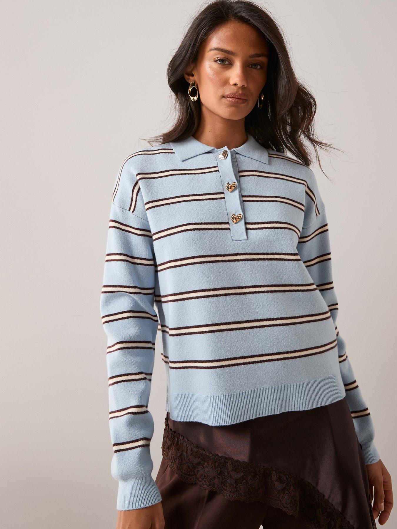 The Very Collection Compact Knitted Stripe Polo Jumper- Blue