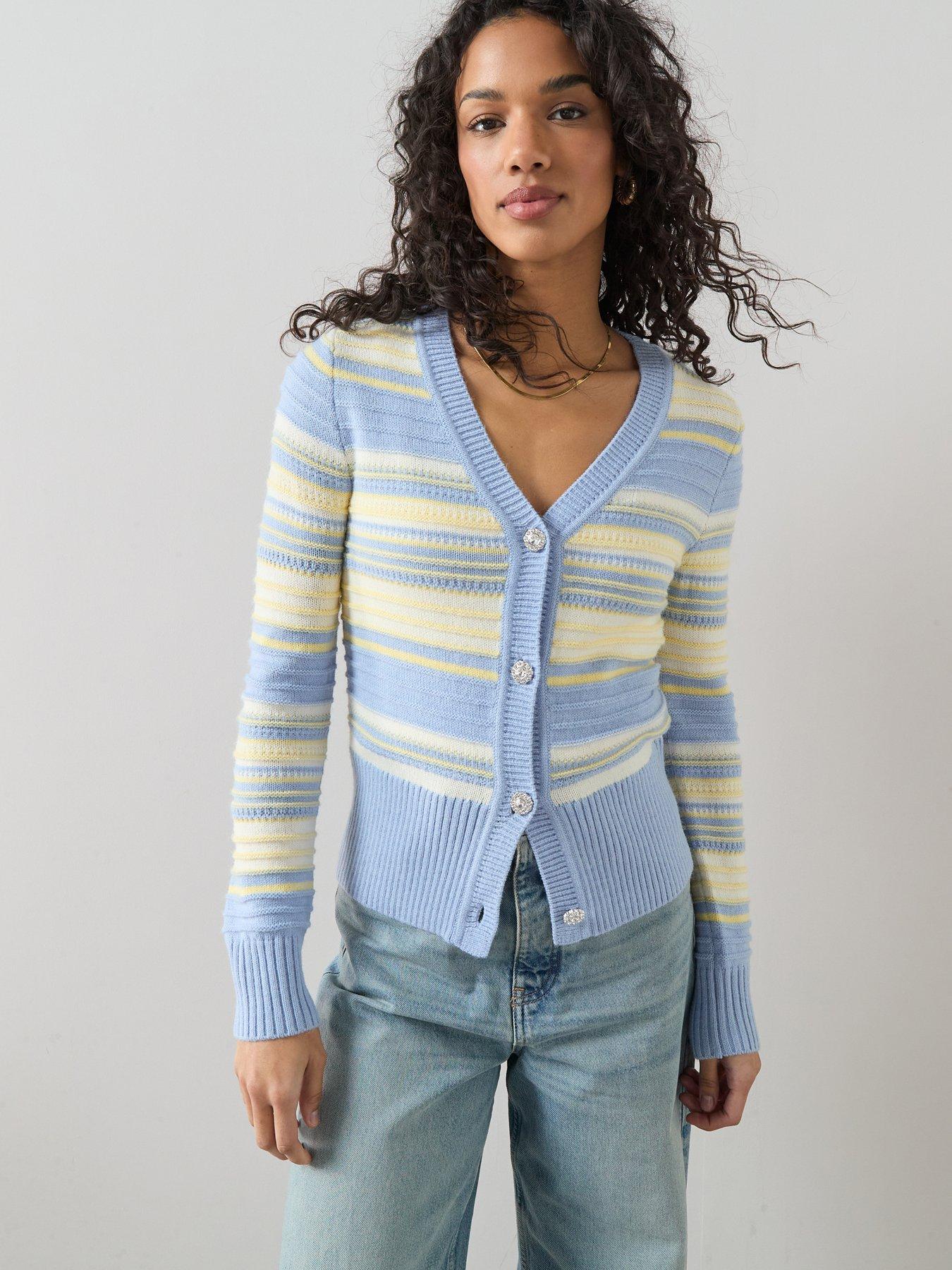 The Very Collection V Neck Stripe Knitted Cardigan - Blue/Yellow