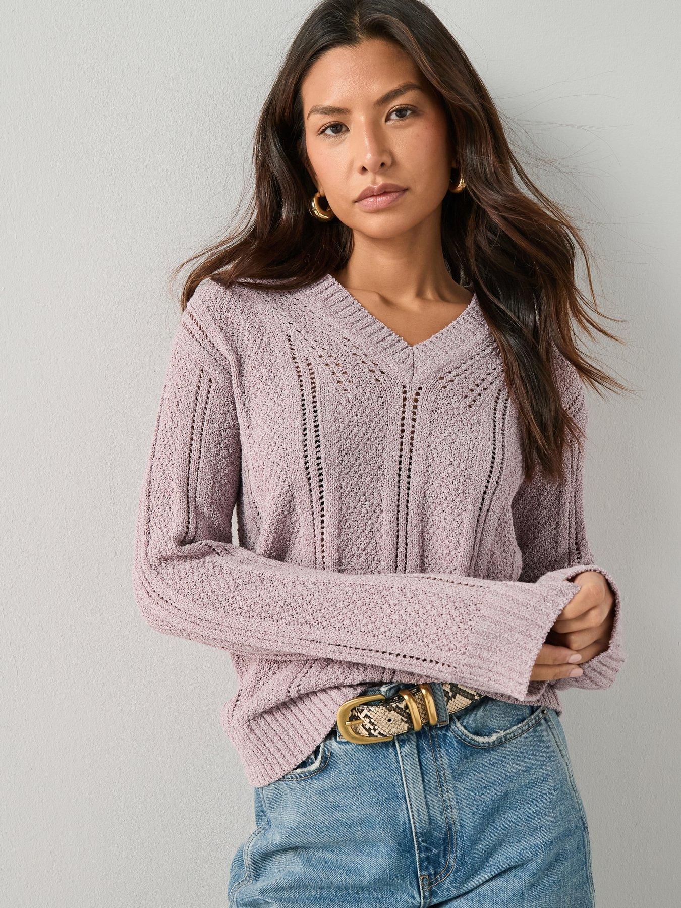 Image 1 of 7 of The Very Collection V Neck Textured Knitted Jumper - Lilac
