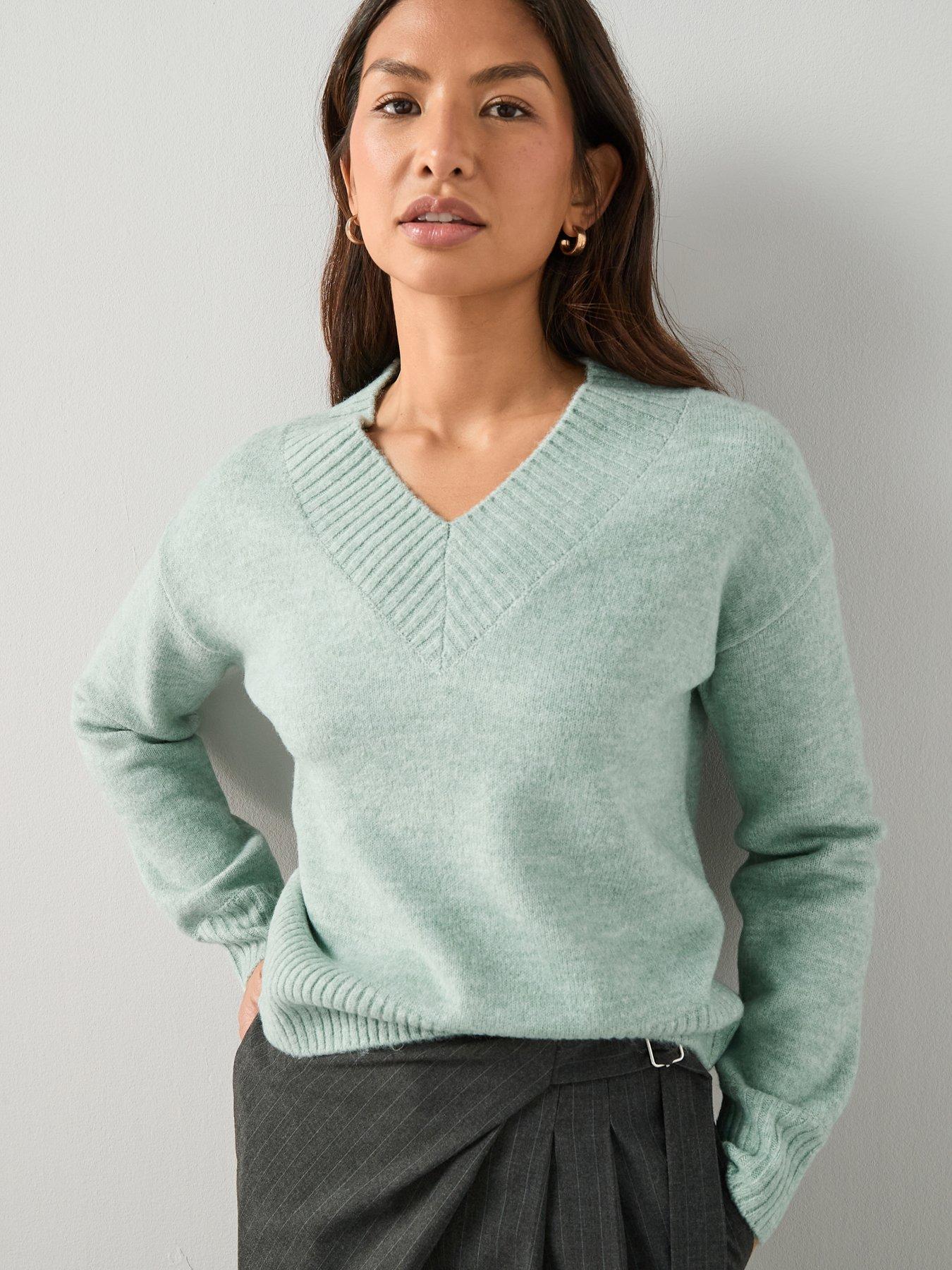 Image 3 of 7 of The Very Collection Deep Rib V Neck Knitted Jumper - Green