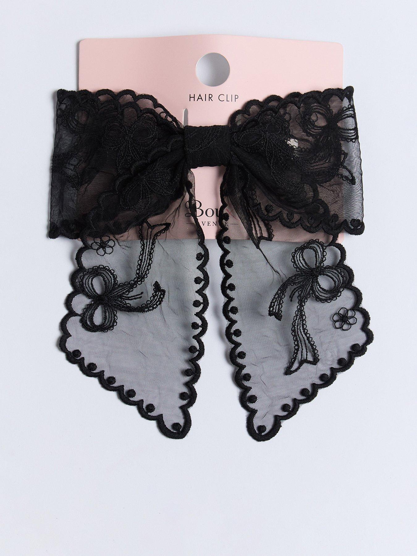 undefined Embroidered Bow Hair Clip - Black
