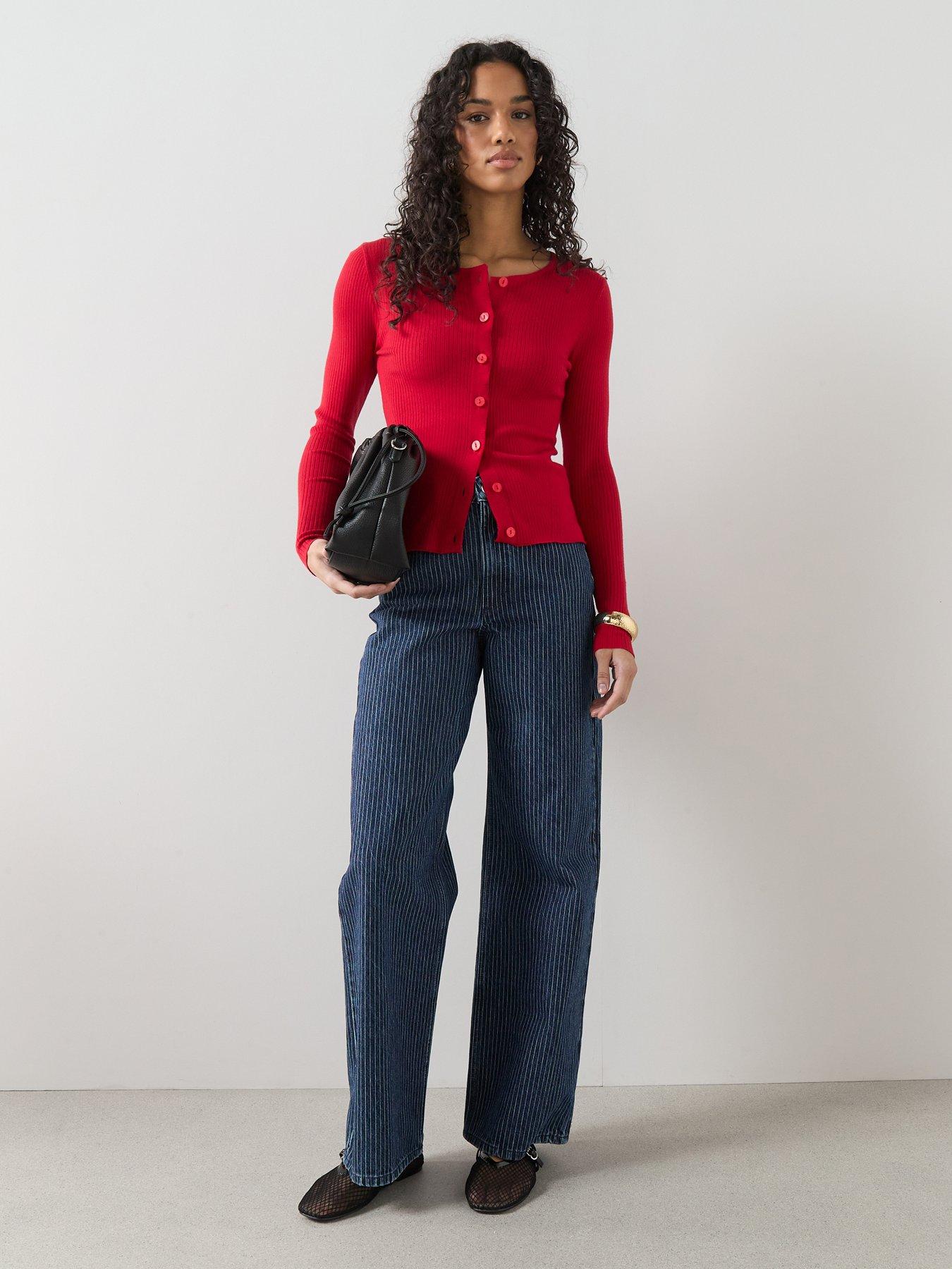 Image 3 of 6 of The Very Collection Classic Comfort Crew Neck Rib Knitted Cardigan - Red