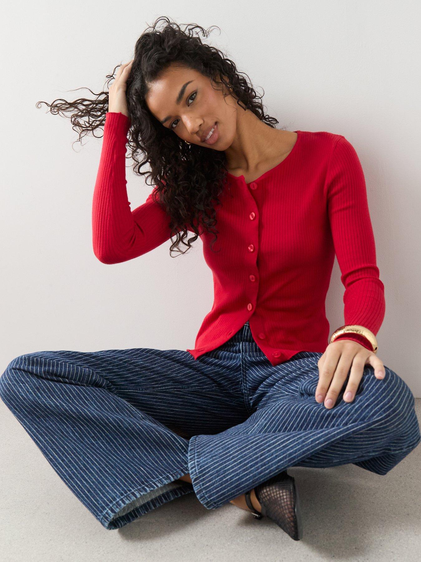 Image 4 of 6 of The Very Collection Classic Comfort Crew Neck Rib Knitted Cardigan - Red