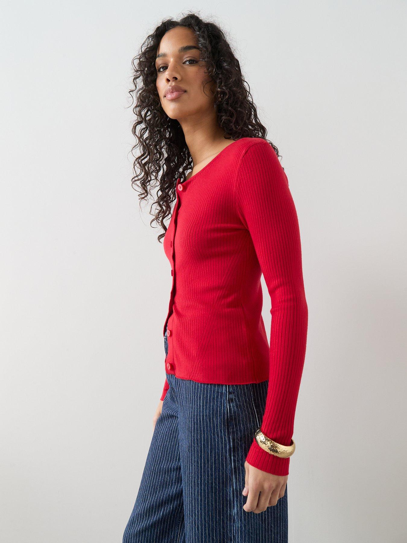 Image 6 of 6 of The Very Collection Classic Comfort Crew Neck Rib Knitted Cardigan - Red