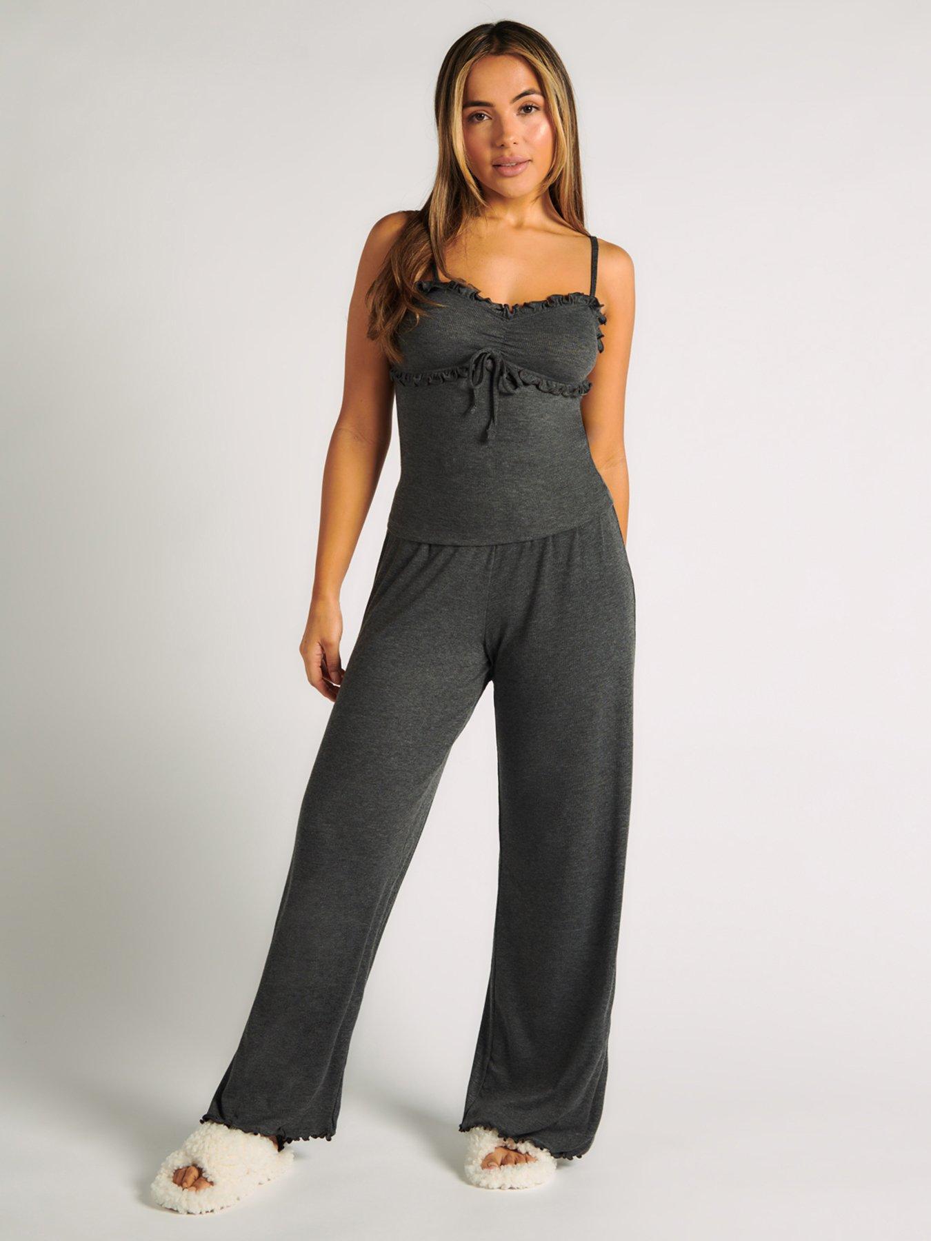 undefined Rib Frill Cami & Pant Set - Charcoal