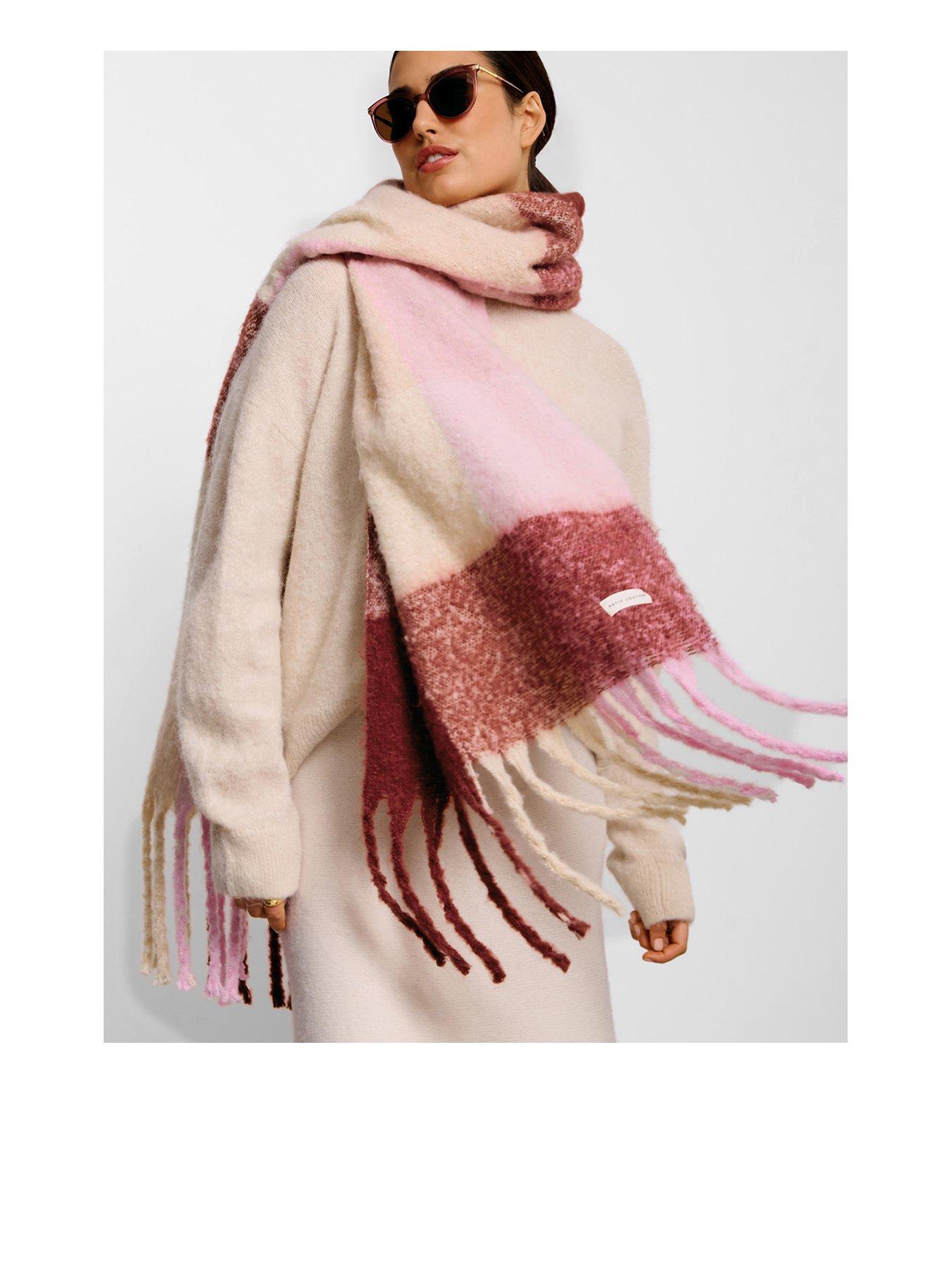 Katie Loxton Oversized Checked Tassel Scarf Pink Burgundy Cream
