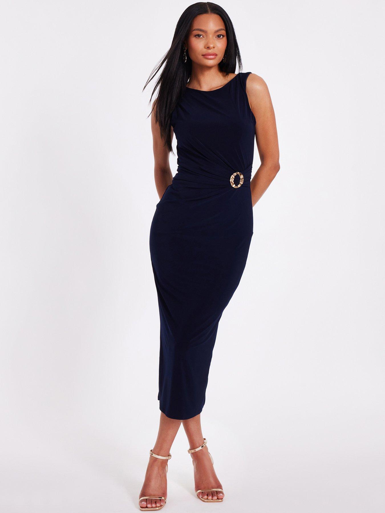 Image 1 of 6 of Quiz Navy Buckle Detail Midi Dress