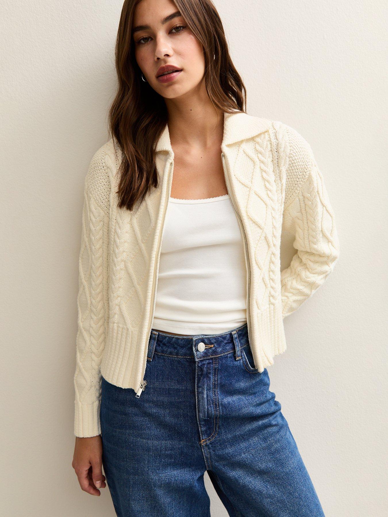 New Look Cable Knit Collared Zip Through Cardigan - Cream