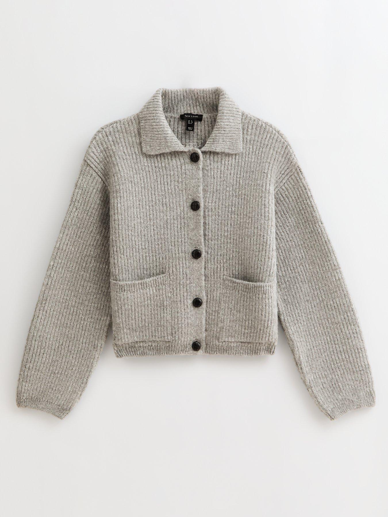 Image 6 of 6 of New Look Knit Collared Button Through Cardigan - Grey