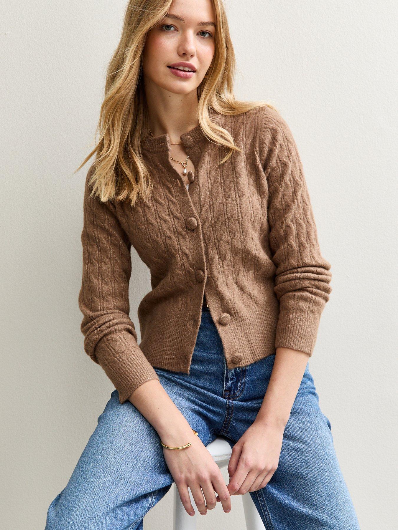 undefined Camel Cable Knit Crew Neck Cardigan