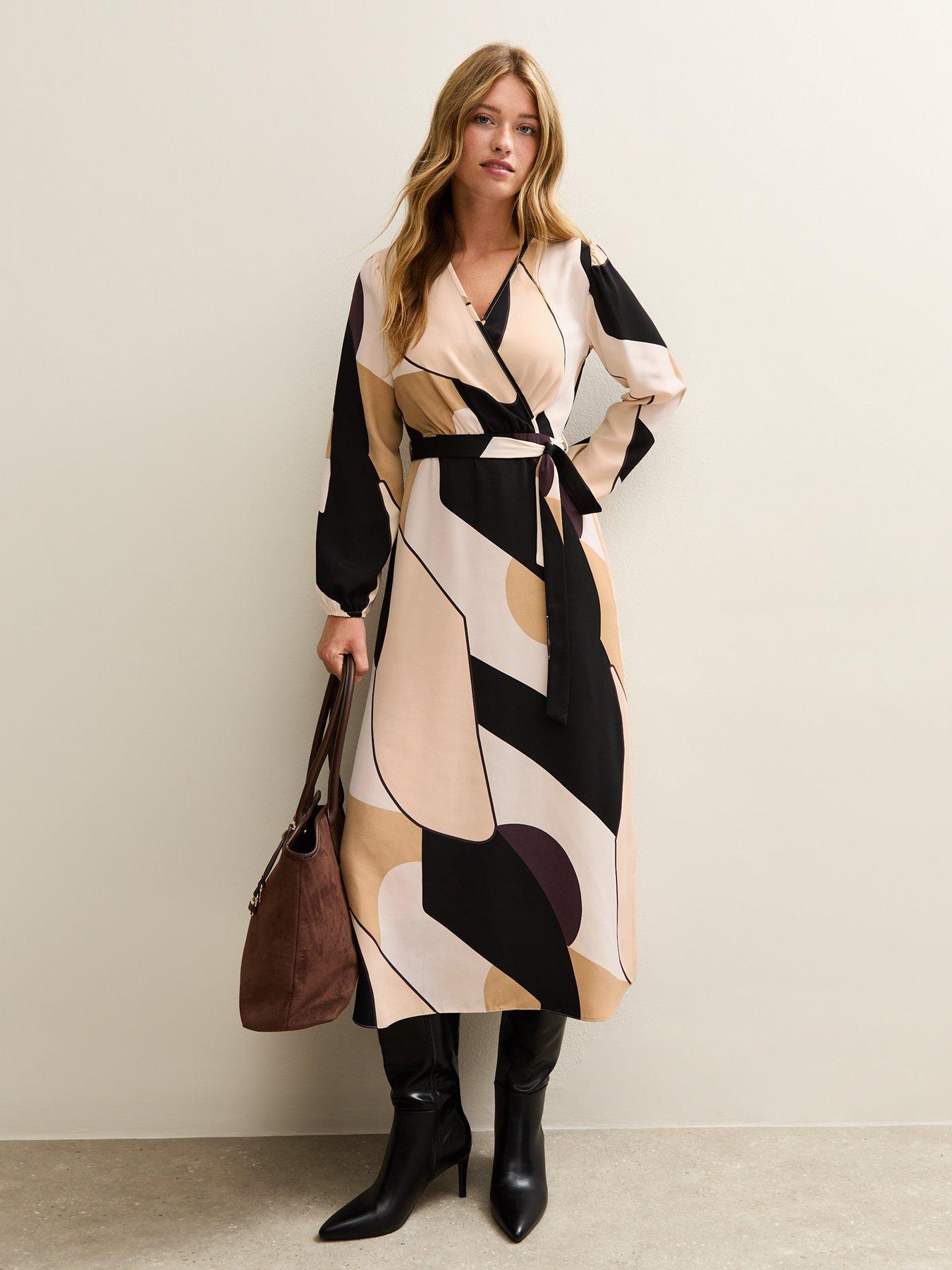 New Look Geometric Print Wrap Midi Dress - Brown