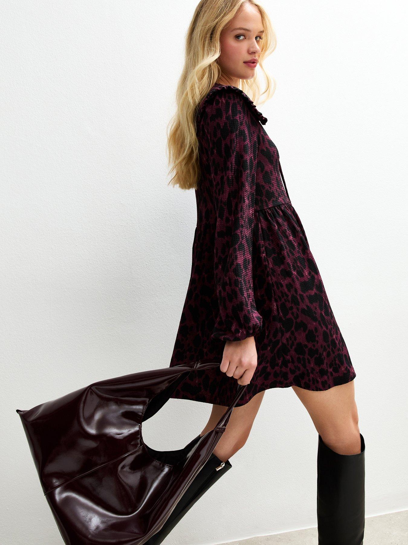 undefined Dark Red Animal Print Oversized Collar Mini Dress