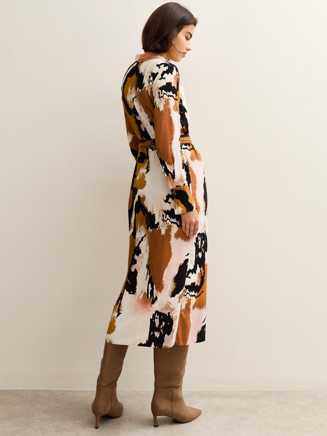 Image 2 of 4 of New Look Pattern Print Midi Shirt Dress - Brown