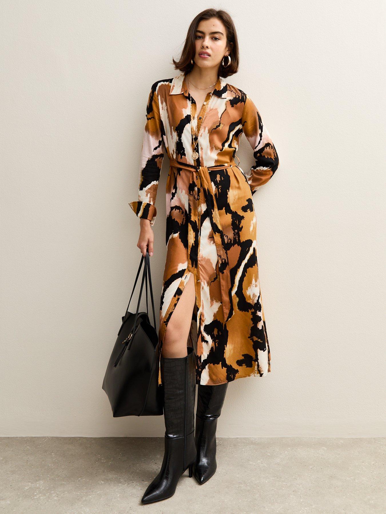 Image 3 of 4 of New Look Pattern Print Midi Shirt Dress - Brown